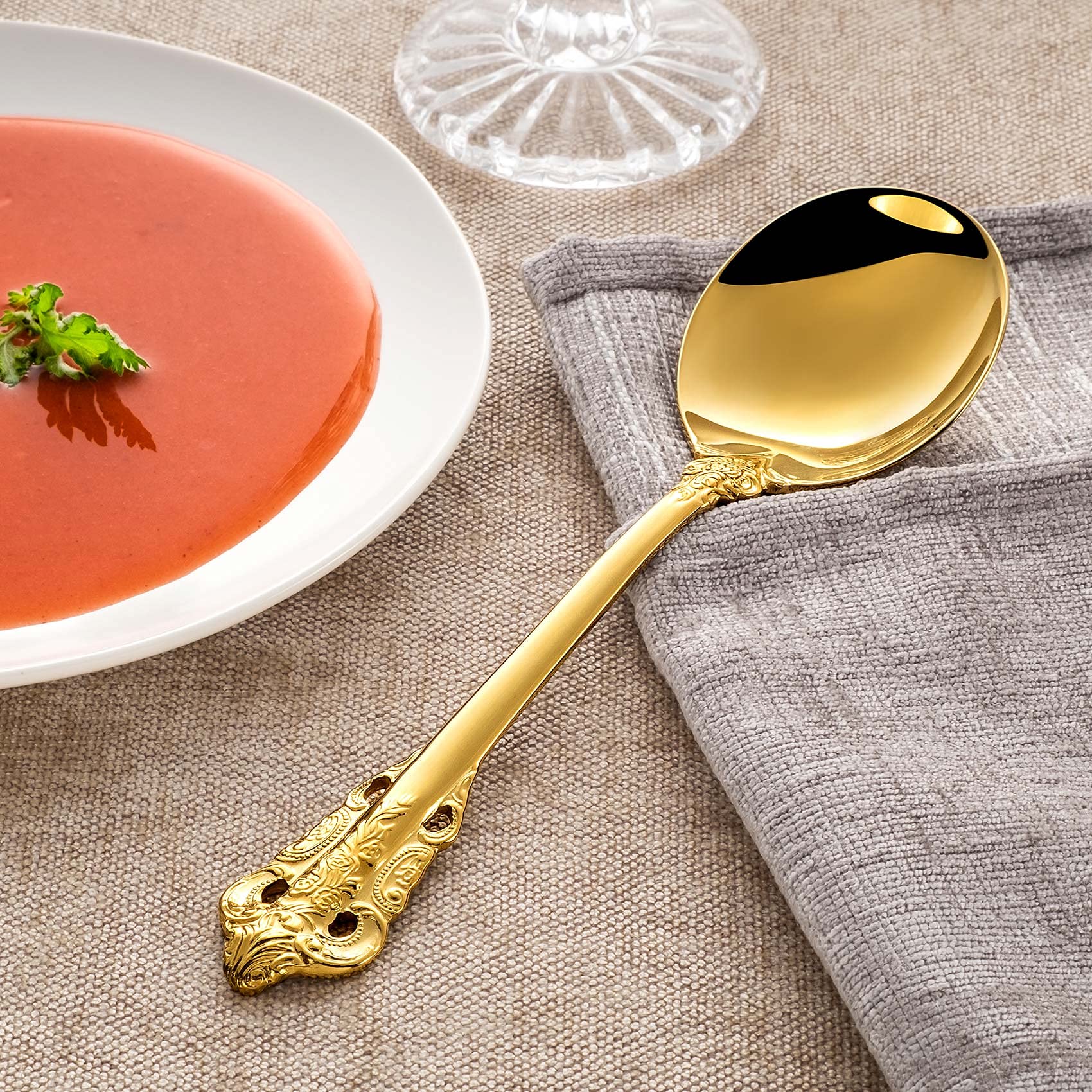 KEAWELL Gorgeous Round Soup Spoon  Set of 4  18/10 Stainless Steel  Gold Visions Bouillon Spoon  Dishwasher Safe  Fine Mirror Polished