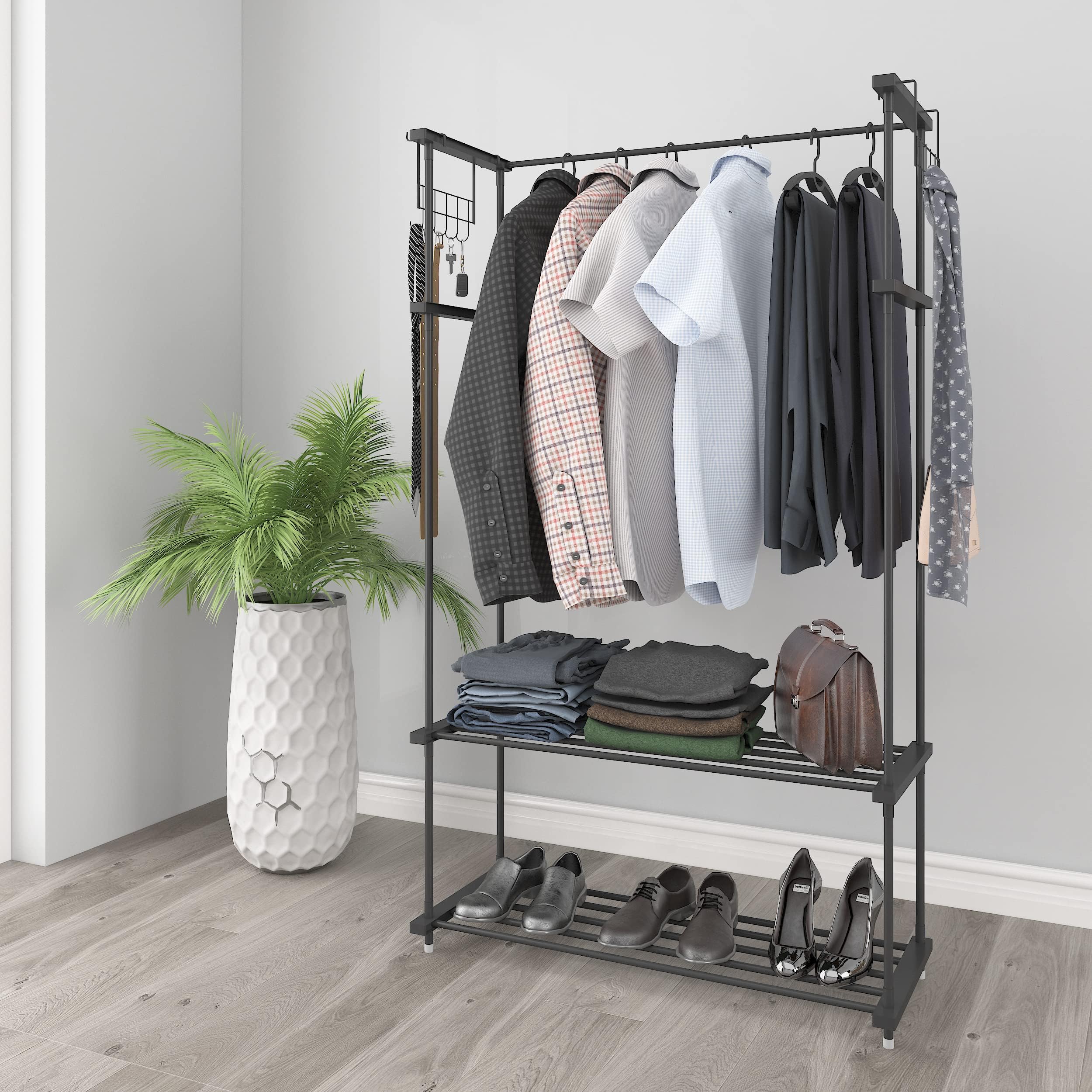 Leopax 2-In-1 Metal Garment Rack With Clothes Hanger, 2 Tier Wire Coat Storage Organizers Laundry Holders With 2 Metal Shelves A
