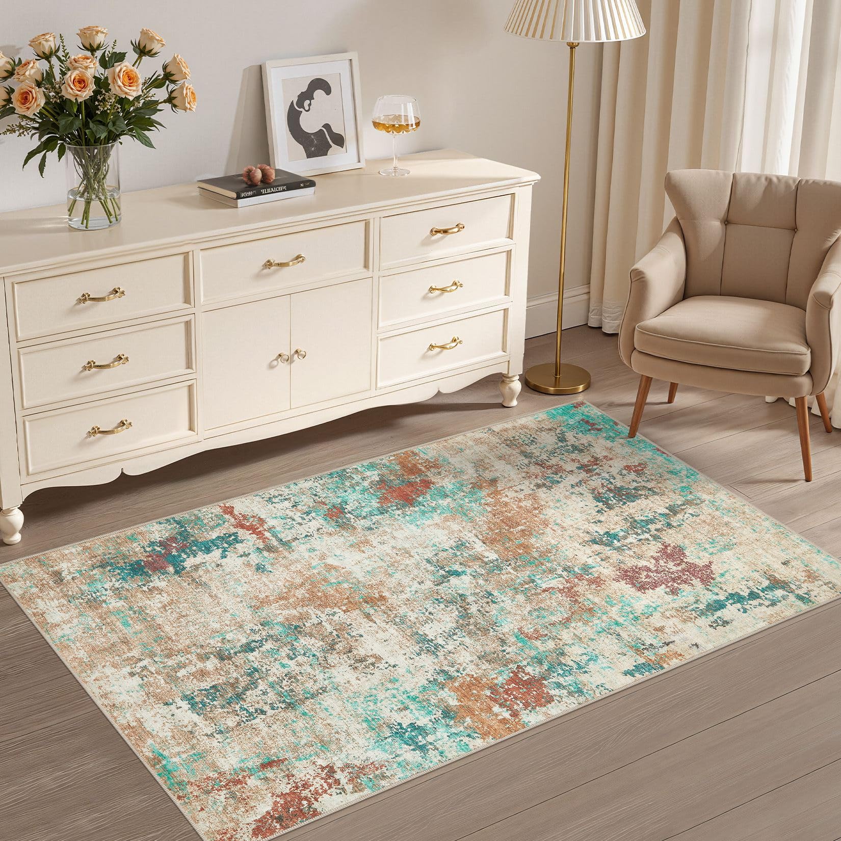 UERMEI 3x5 Area Rug: Washable Entryway Rugs - Neutral Modern Abstract Small Carpet - Non-Slip Low Pile Throw Indoor Rugs for Bed