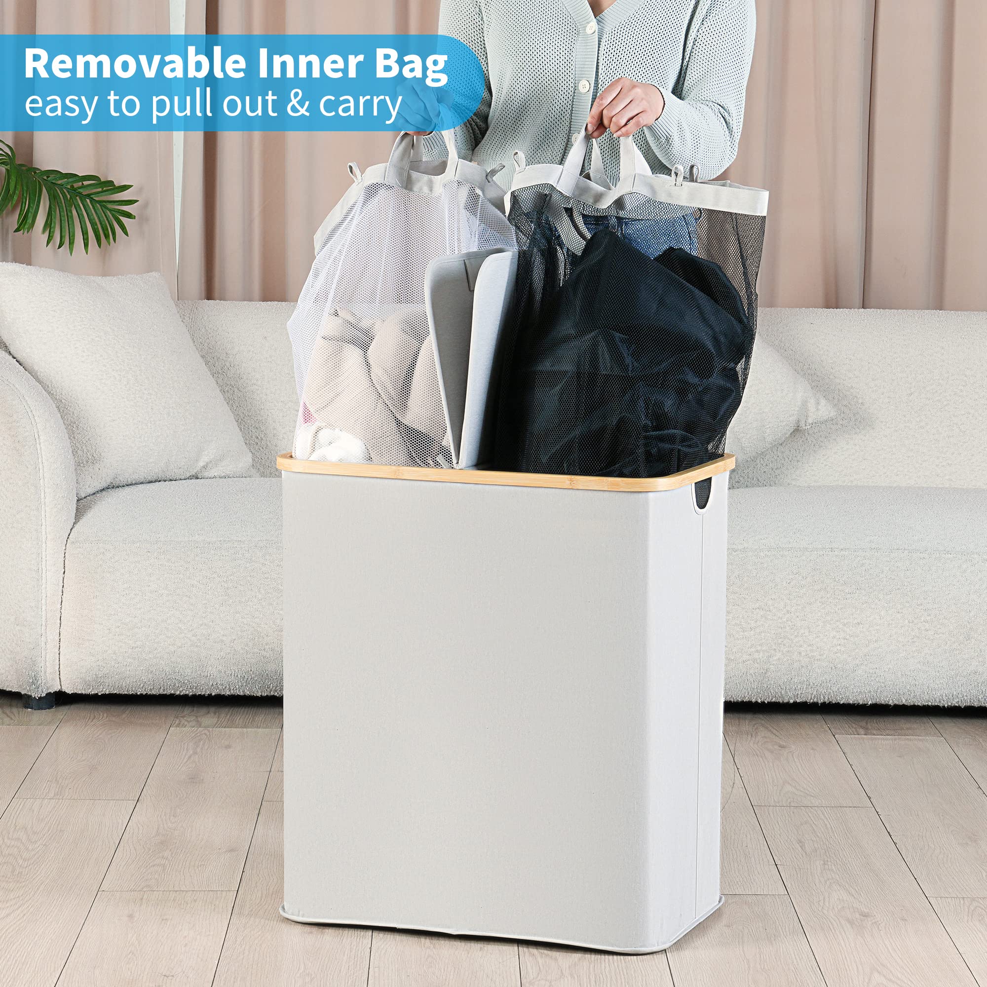 efluky Double Laundry Hamper with Lid  Divided Laundry Hamper with Removable Bags  2 Section Dirty Clothes Basket with Handles for Bathroom  Bedroom & Laundry Room  140L Light Grey