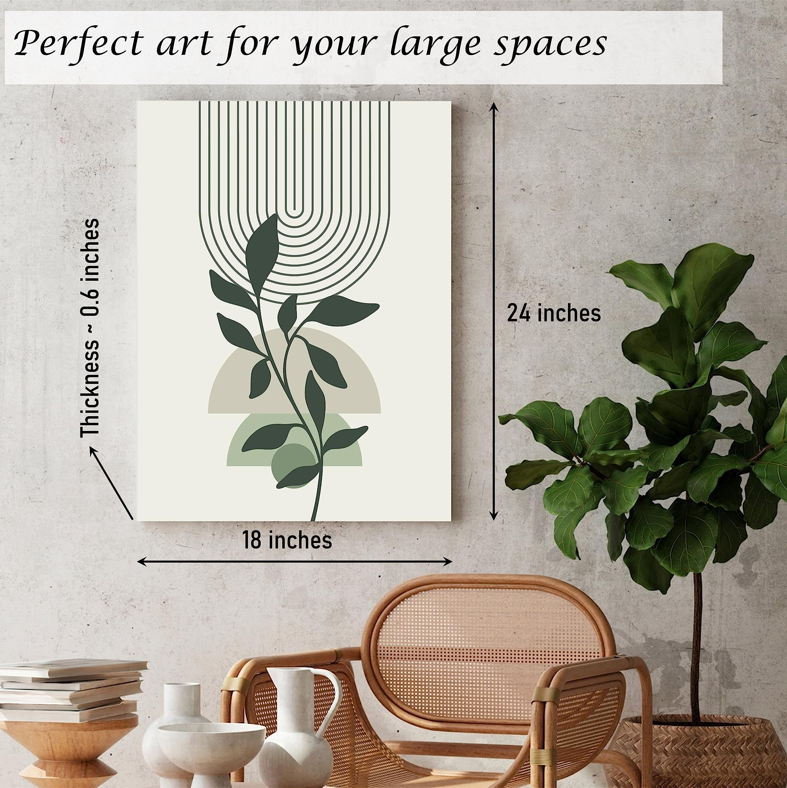 Induslyfe Large Framed Boho Canvas Wall Art Set Of 3, Mid Century Modern Room Decor, Minimalist Sage Green Botanical Boho Bathro