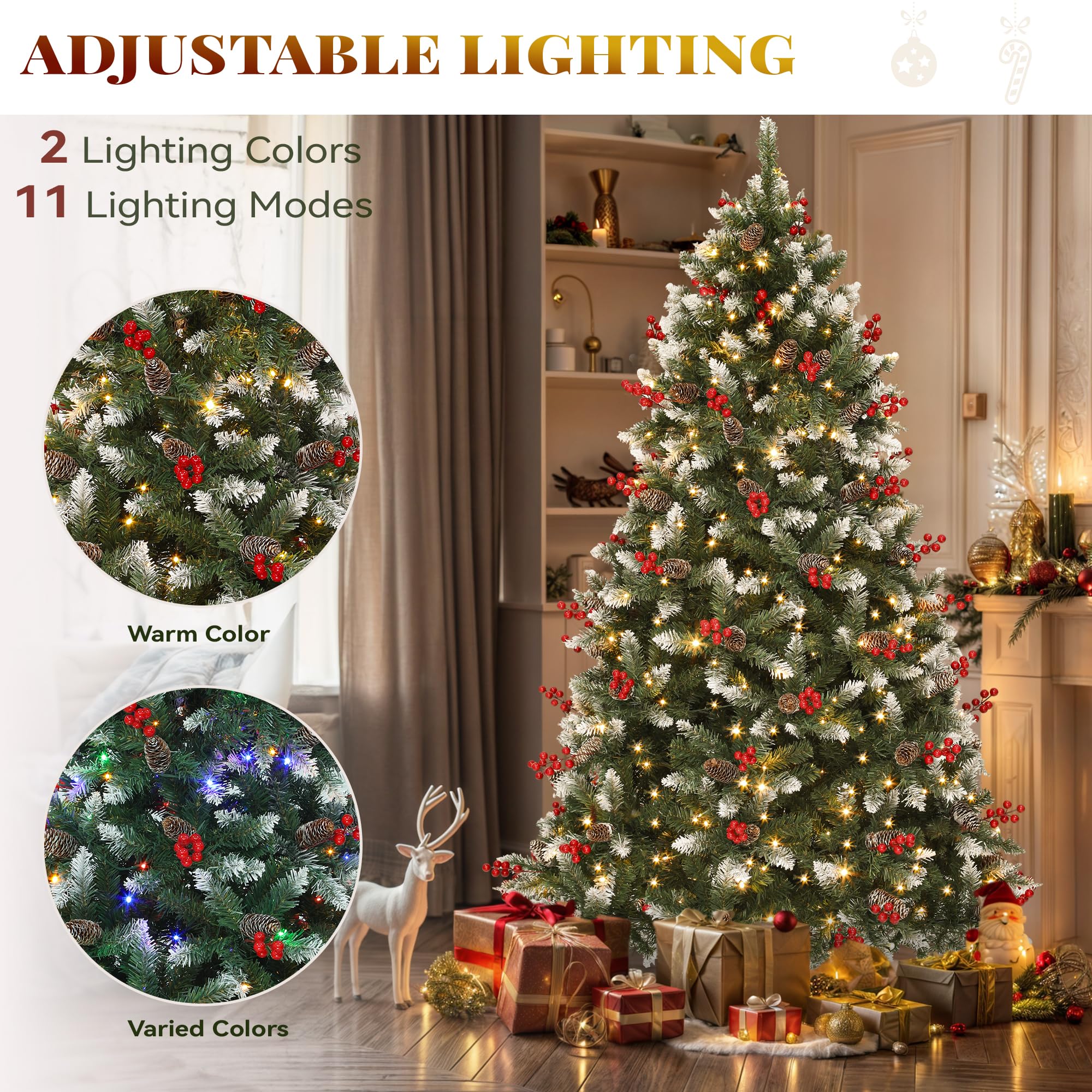 YITAHOME Prelit Pre-Decorated Pine Christmas Tree 7.5FT with Remote, Artificial Hinged Xmas Tree w/ 1398 Flocked Frosted Tips, 5