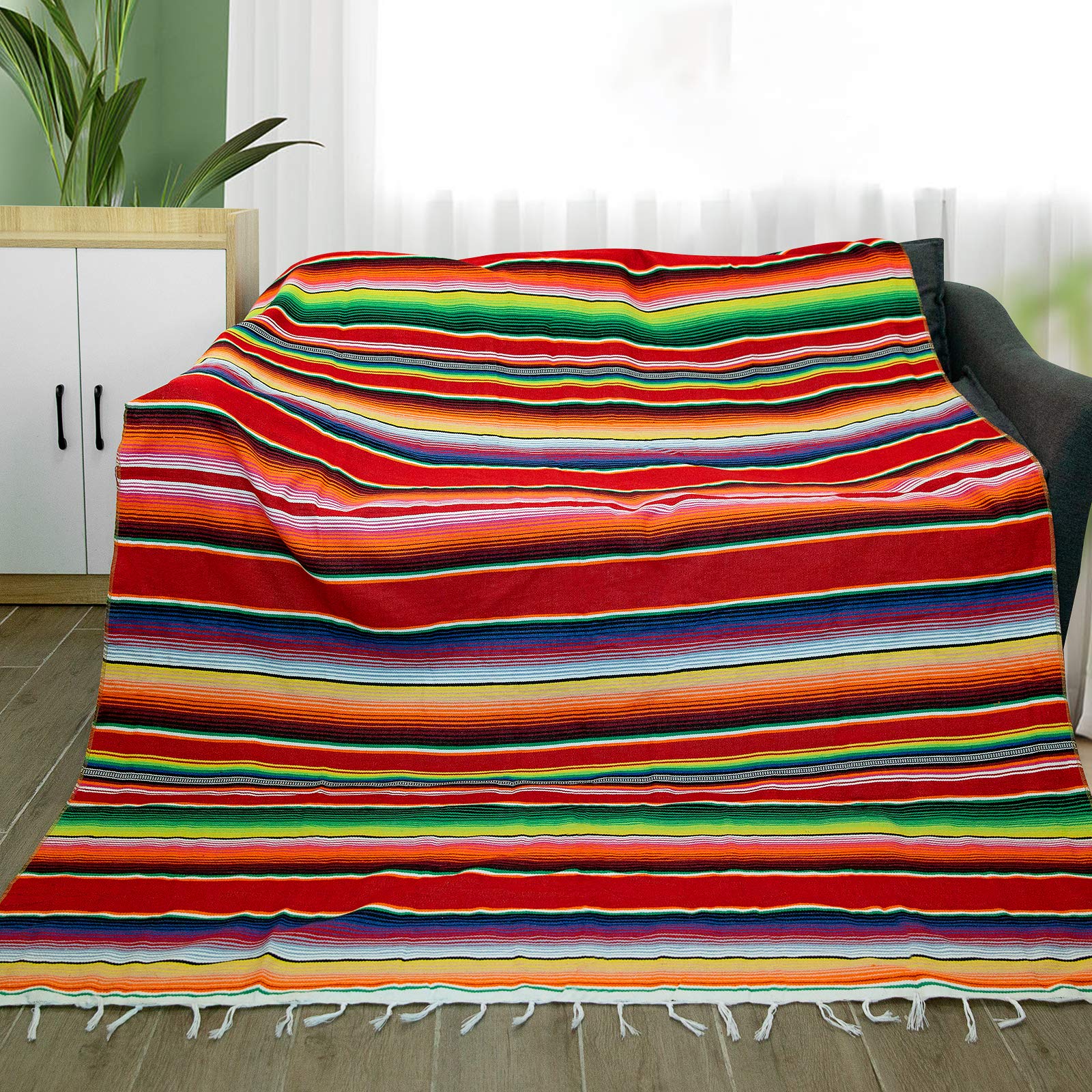 Eccbox 84 X 59 Inch Mexican Tablecloth For Mexican Wedding Party Decorations, Large Square Fringe Cotton Mexican Serape Blanket