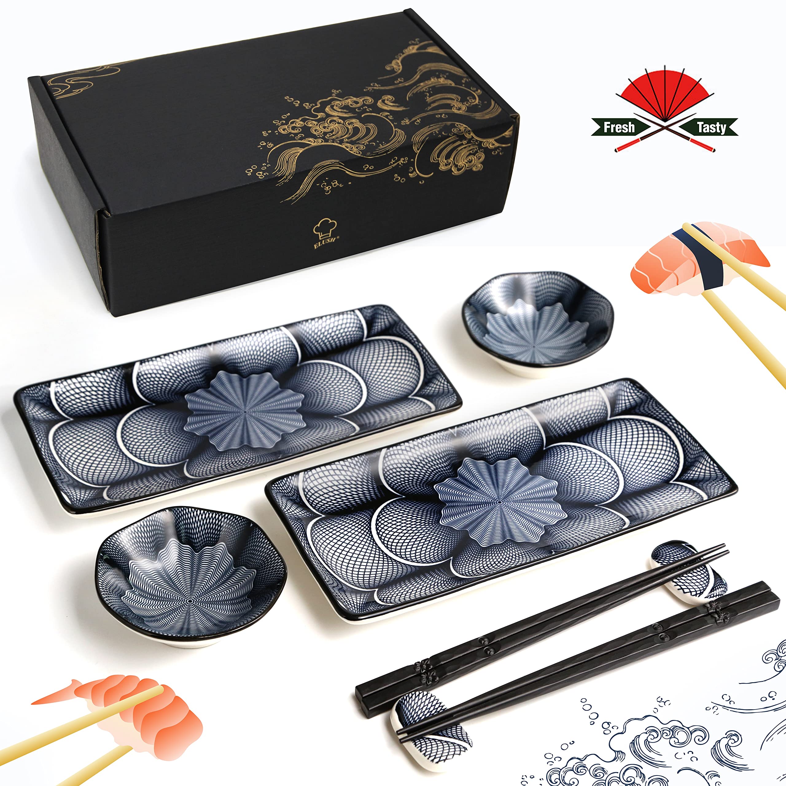 Elush 8 Piece Japanese Style Ceramic Sushi Plate Set 10-Inch Rectangle Sushi Dishes- 2 Sushi Plates, 2 Sauce Dishes, 2 Pairs Of