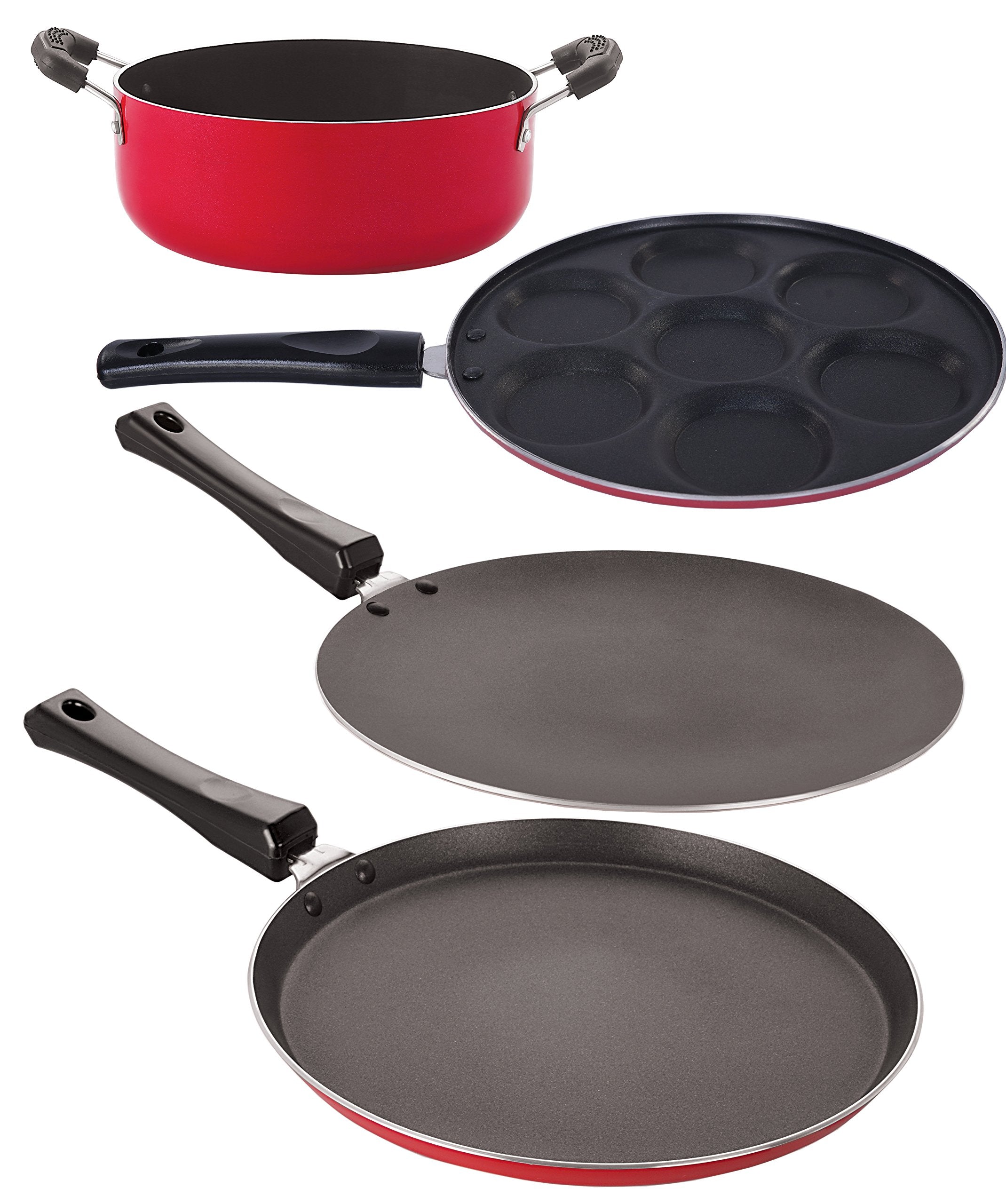 Nirlon NonStick Aluminum Cookware Set, 4Piece, Red And Black (2.6Mm_Ct_Ft12_Up_Cass20)