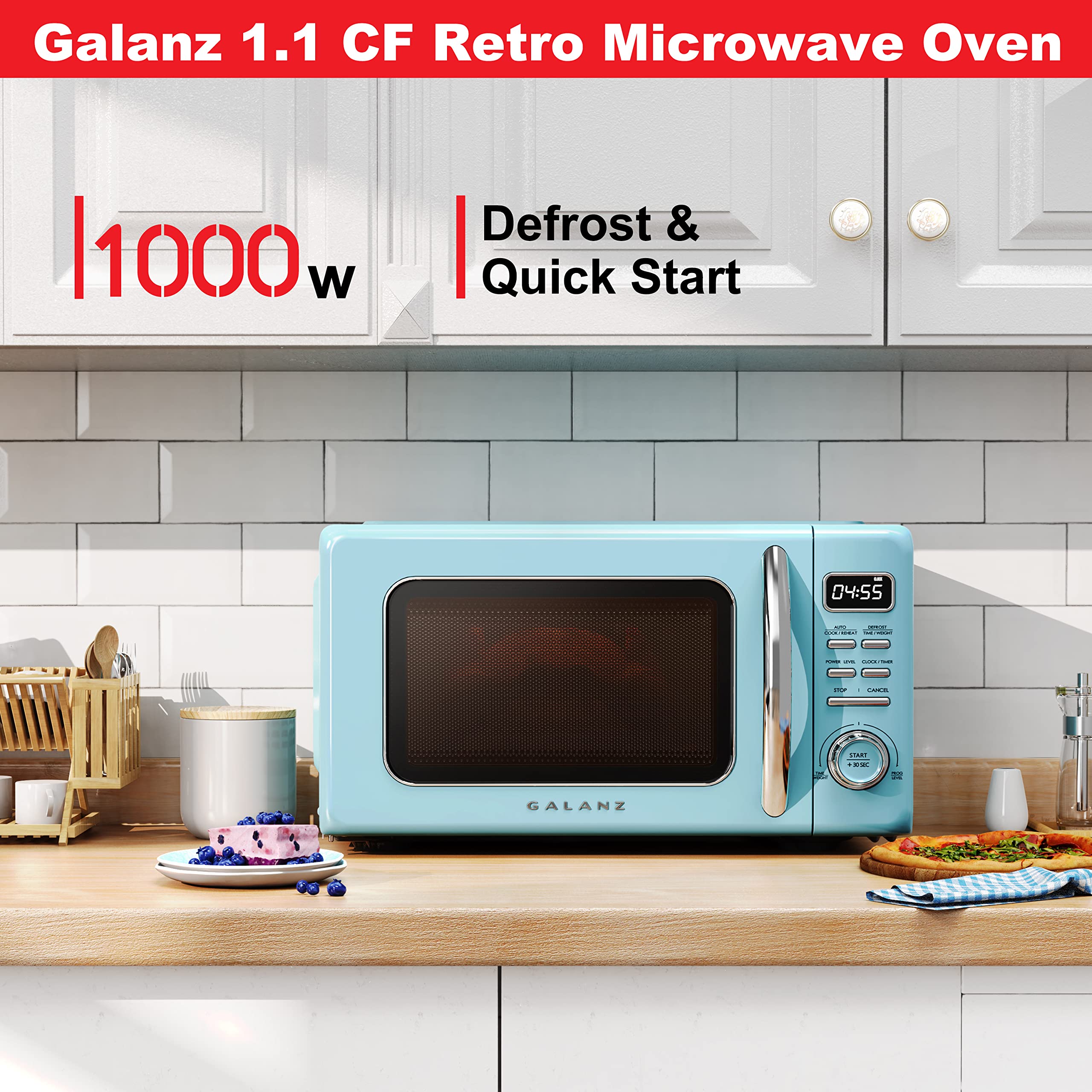 Galanz GLCMKZ11BER10 Retro Countertop Microwave Oven with Auto Cook & Reheat, Defrost, Quick Start Functions, Easy Clean with Gl