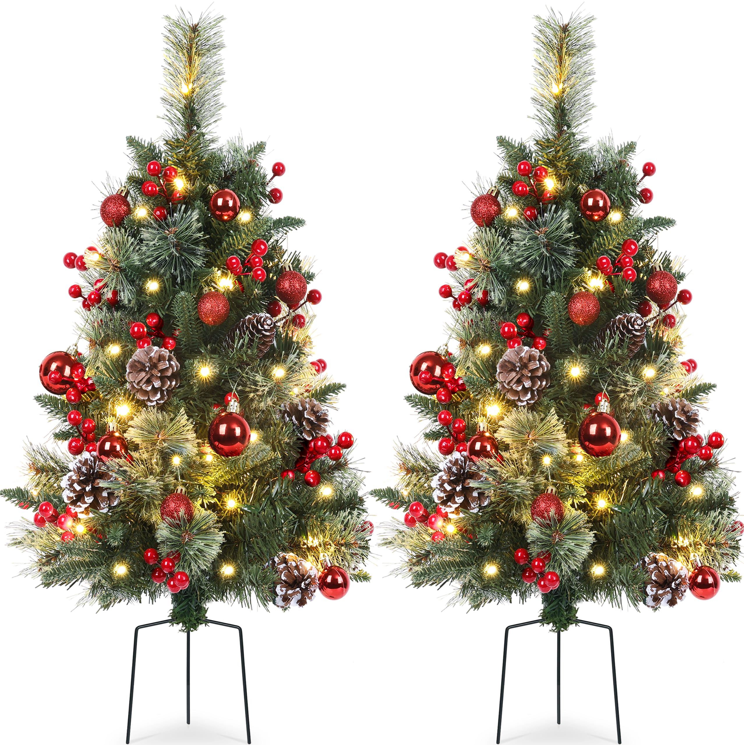 TOWPONICS Set of 2 Outdoor Pathway Christmas Trees with Lights, 30in Prelit Battery Operated Artificial Xmas Tree Holiday D  cor