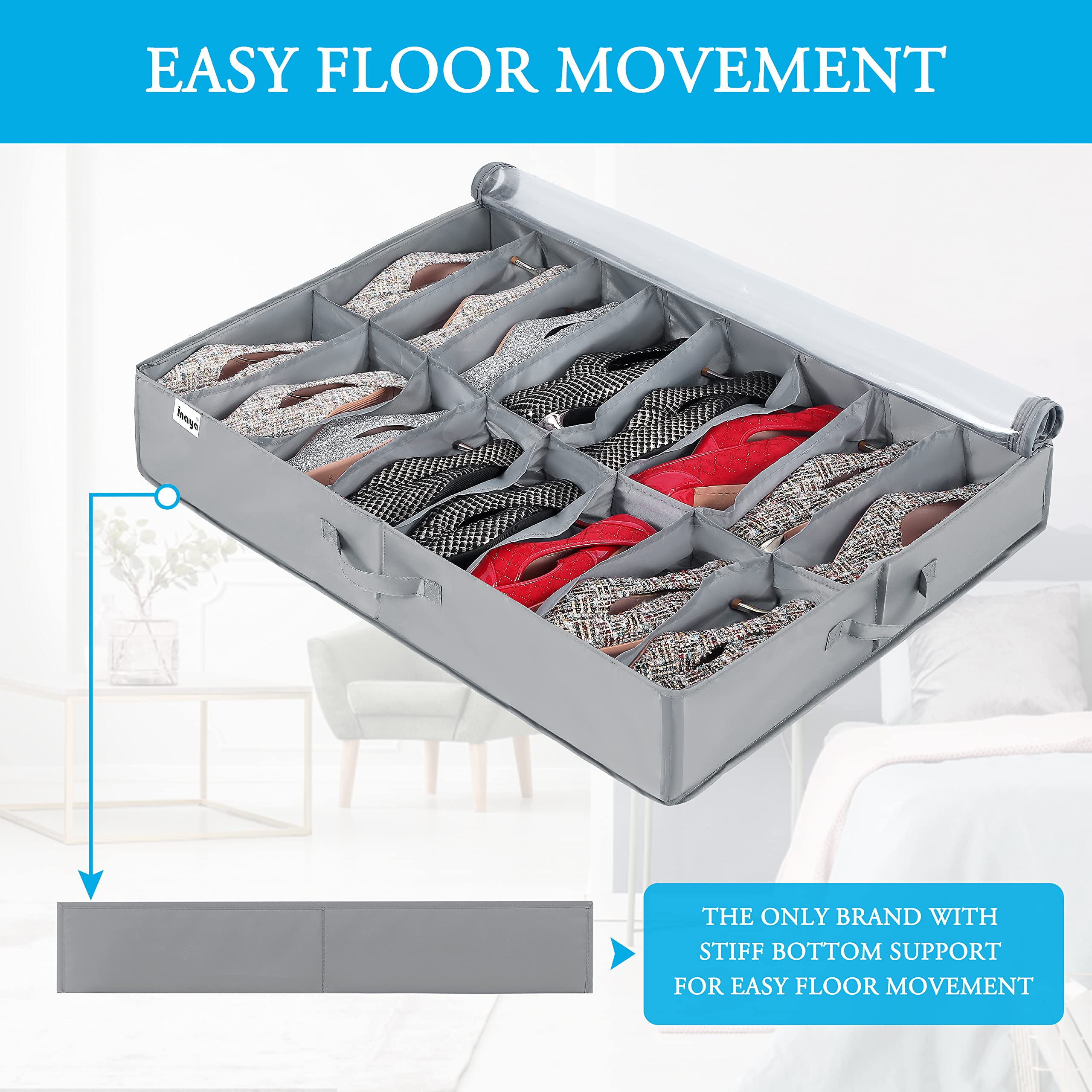 INAYA Under Bed Shoe Storage Organizer 2 Pack, Fits 32 Pairs, Large Underbed Shoe Box Storage Containers, Clear Foldable Shoes O