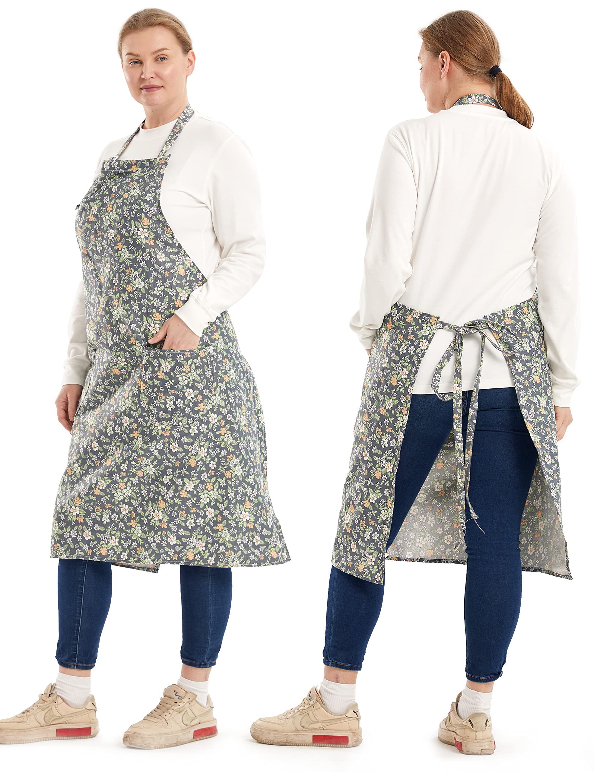 Apronner Cotton Linen Baking Plus Size Aprons For Women With Pockets Kitchen Cooking Pastoral Style