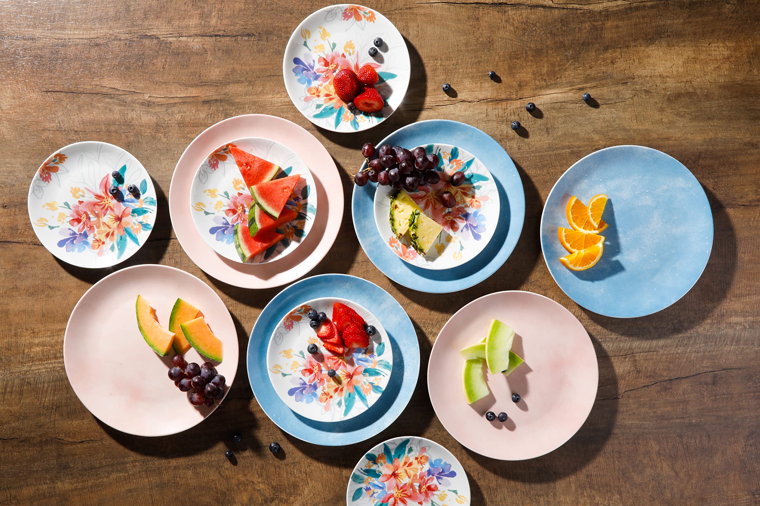 Spice by Tia Mowry Goji Blossom Decorated Porcelain Chip and Scratch Resistant Dinnerware Set, Blue, 12-Piece