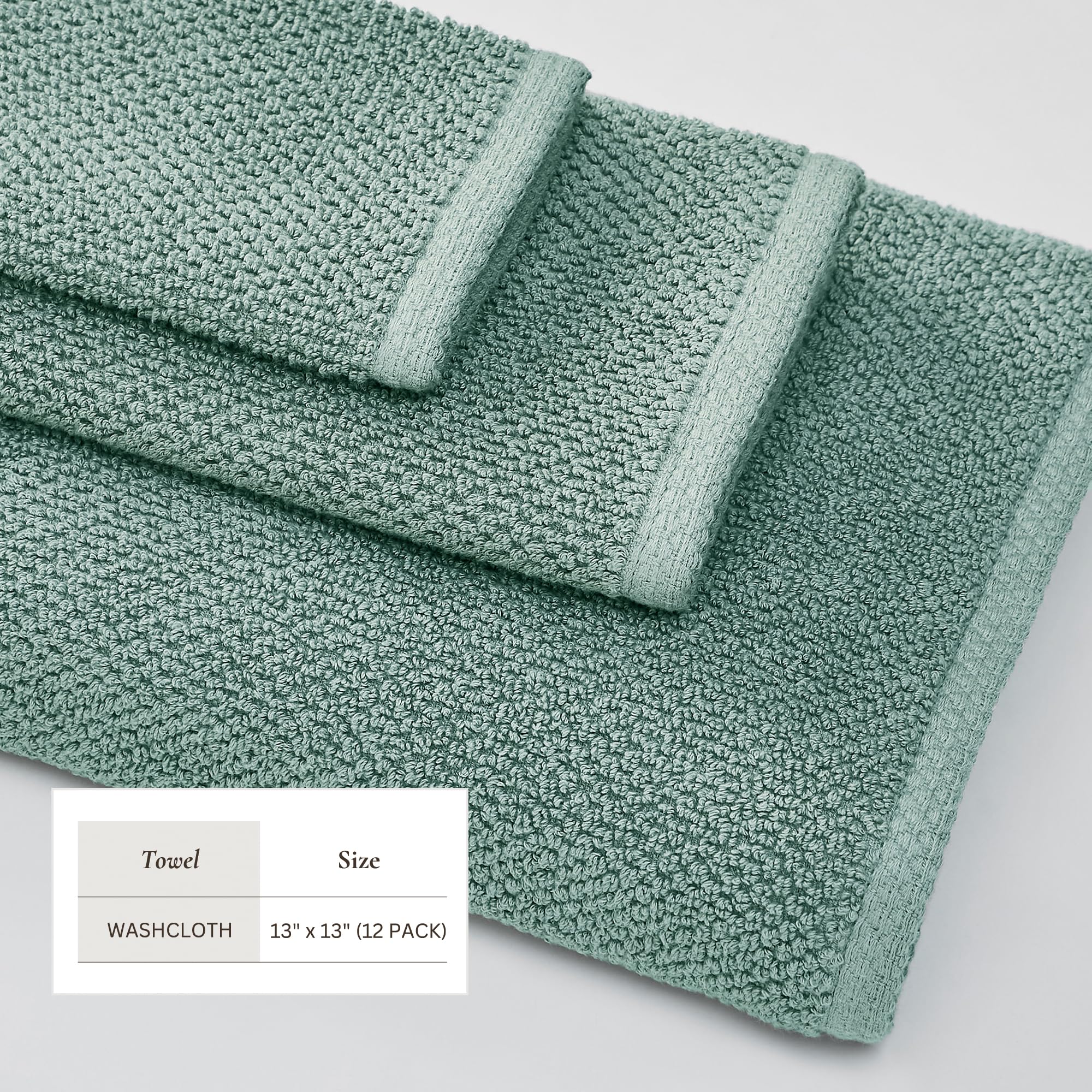 Great Bay Home 12-Pack 100 Cotton, Quick-Dry Textured Washcloths Ultra-Absorbent, Popcorn Weave Acacia Collection (Wash 12Pk, Mi
