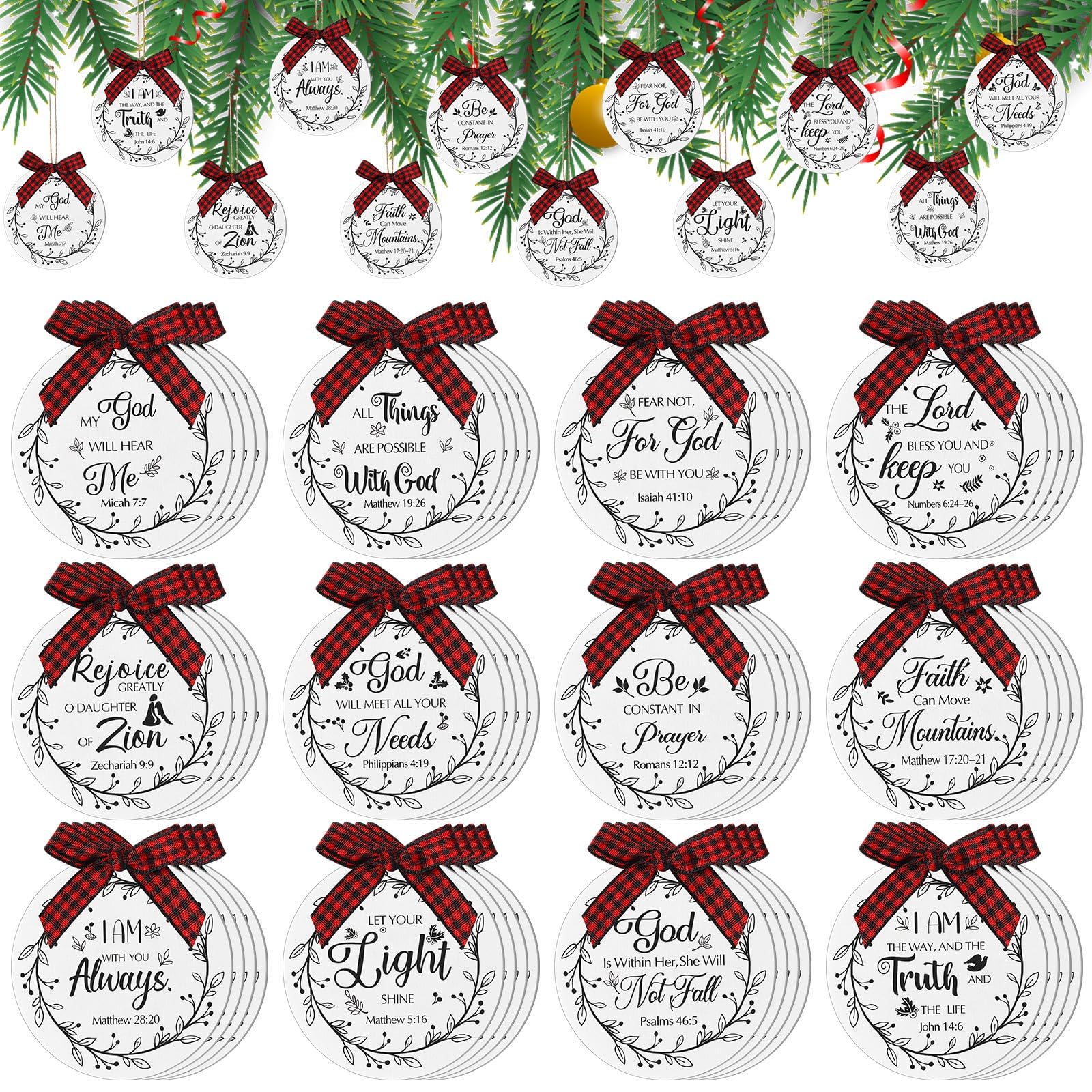 Soaoo 60 Pcs Bible Verses Ornaments Wooden Hanging Sign with Buffalo Plaid Bow and Ropes for Xmas Tree Religious Christian Gifts