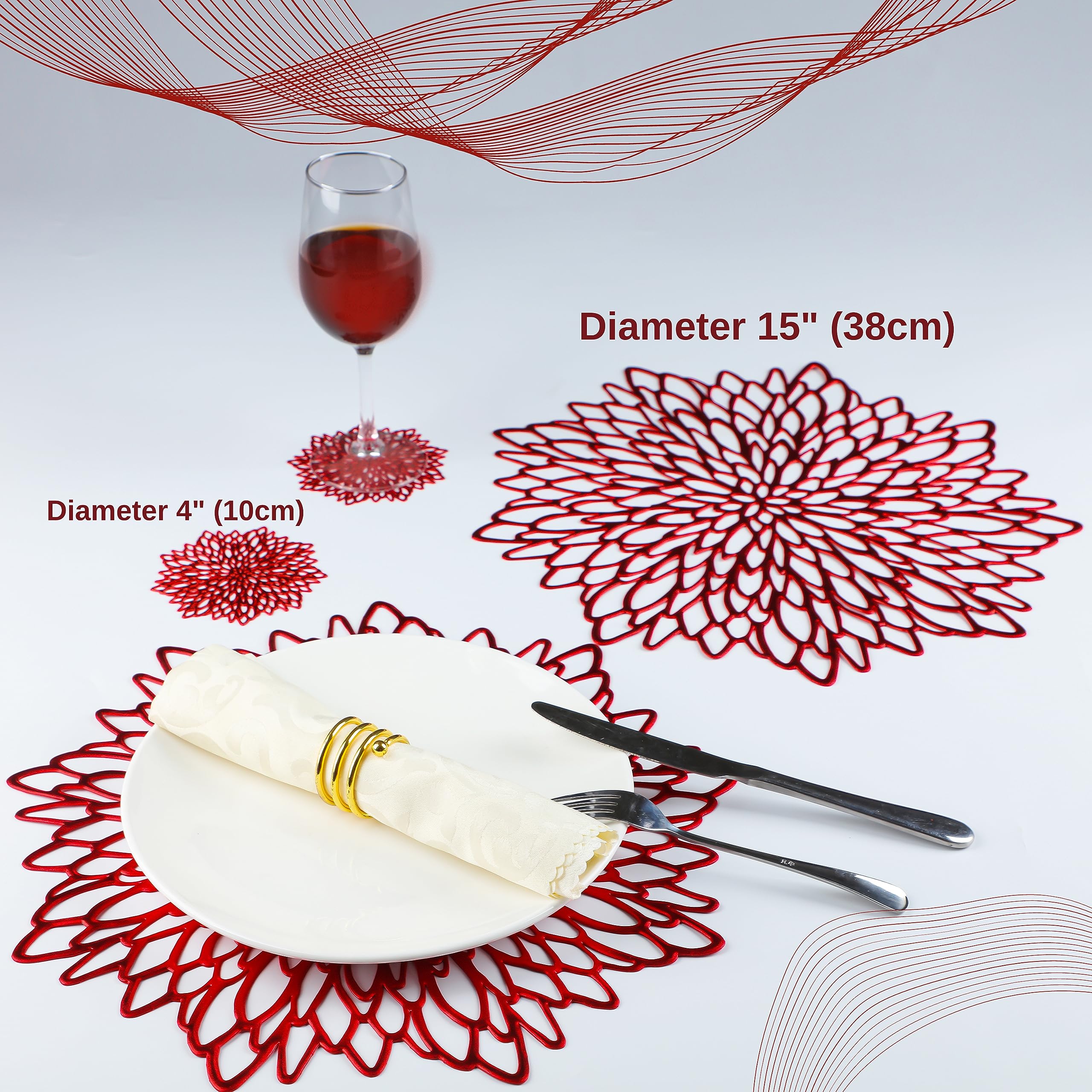 Snowkingdom 12 Pairs Red Placemats & Coasters 24 Pcs Metallic Shiny Pressed Vinyl Dinning Table Mats Round Leaf Decorative For C
