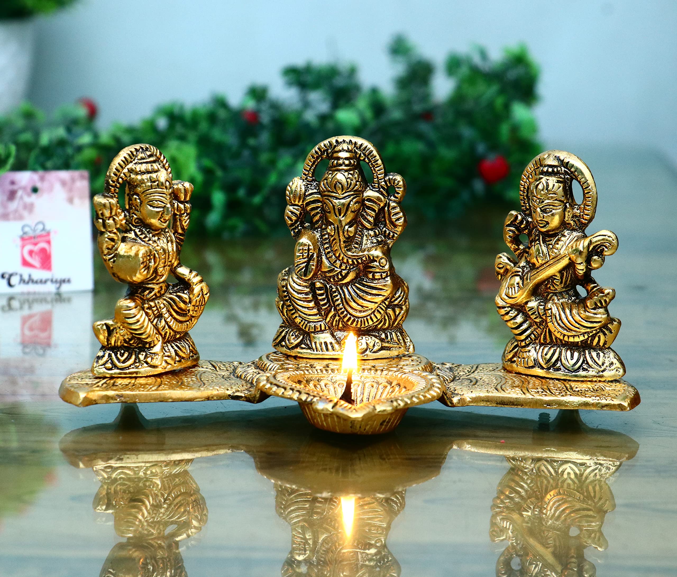 CHHARIYA CRAFTS Laxmi Ganesha Saraswati with Diya On Leaf Statue Idol Murti for Home and Office in Metal Decorative Showpiece - 