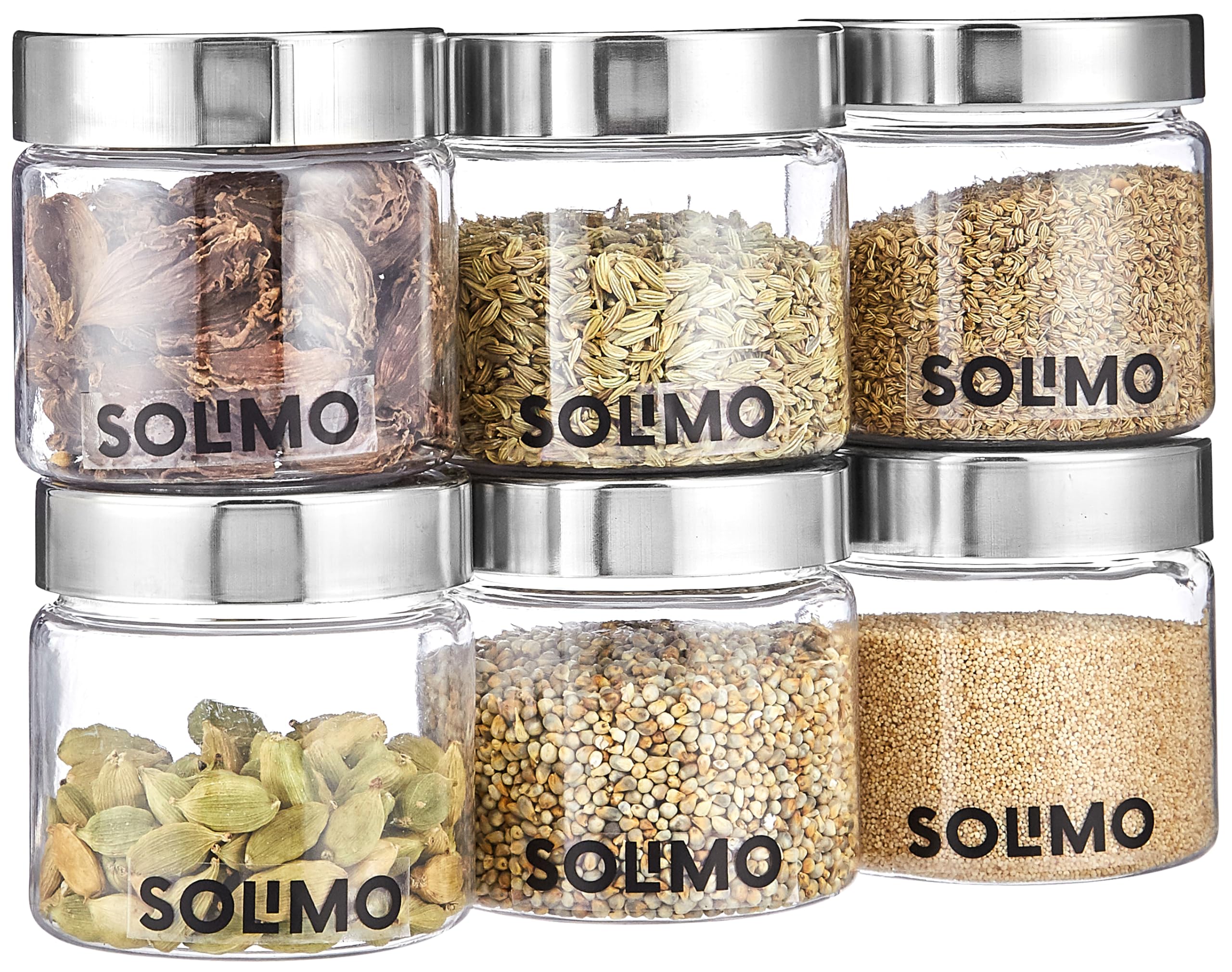 Amazon Brand - Solimo Plastic Storage Jar & Containers | Set Of 6 | Steel Cap Jar Set | Air Tight & Bpa Free | Multipurpose Jar 