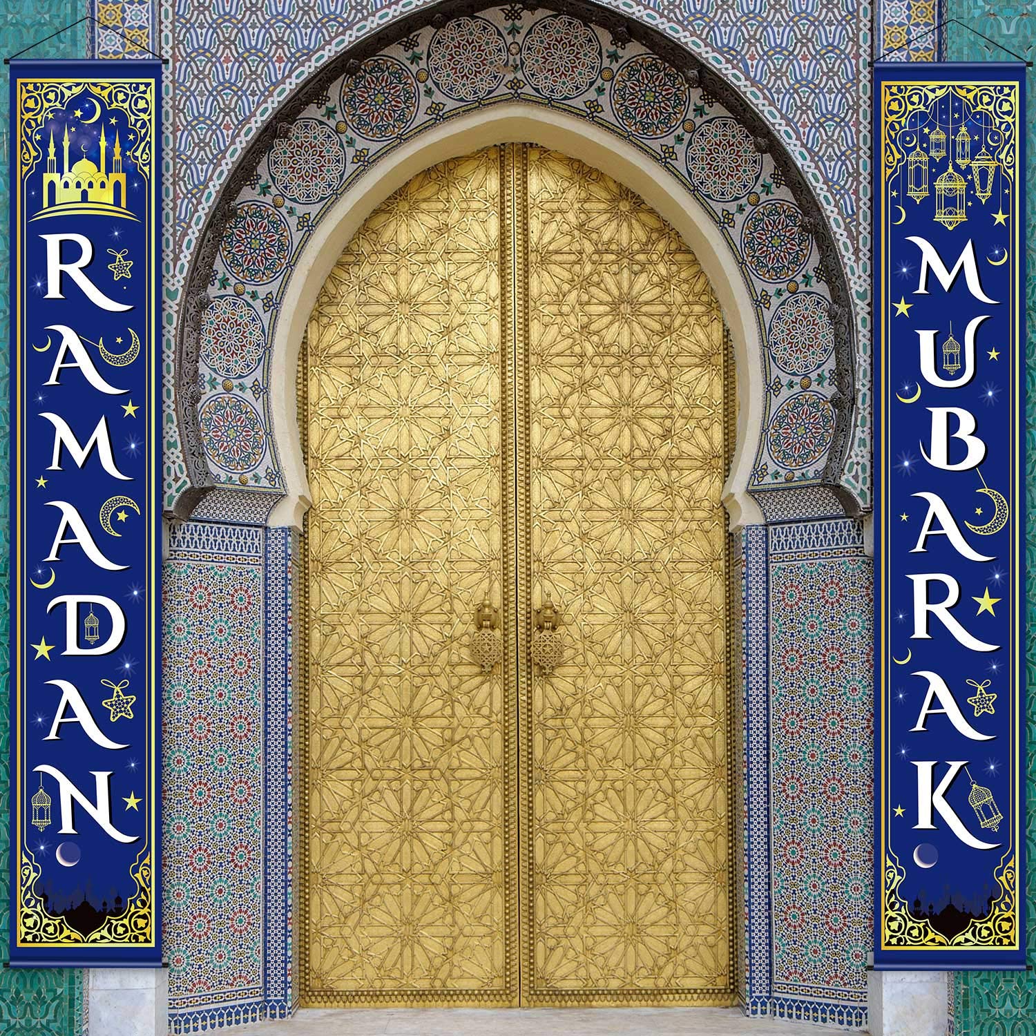 Eid Mubarak Decoration Set Eid Mubarak Porch Sign Ramadan Banner Hanging Decoration For Indoor/Outdoor Decoration Eid Al-Fitr Pa