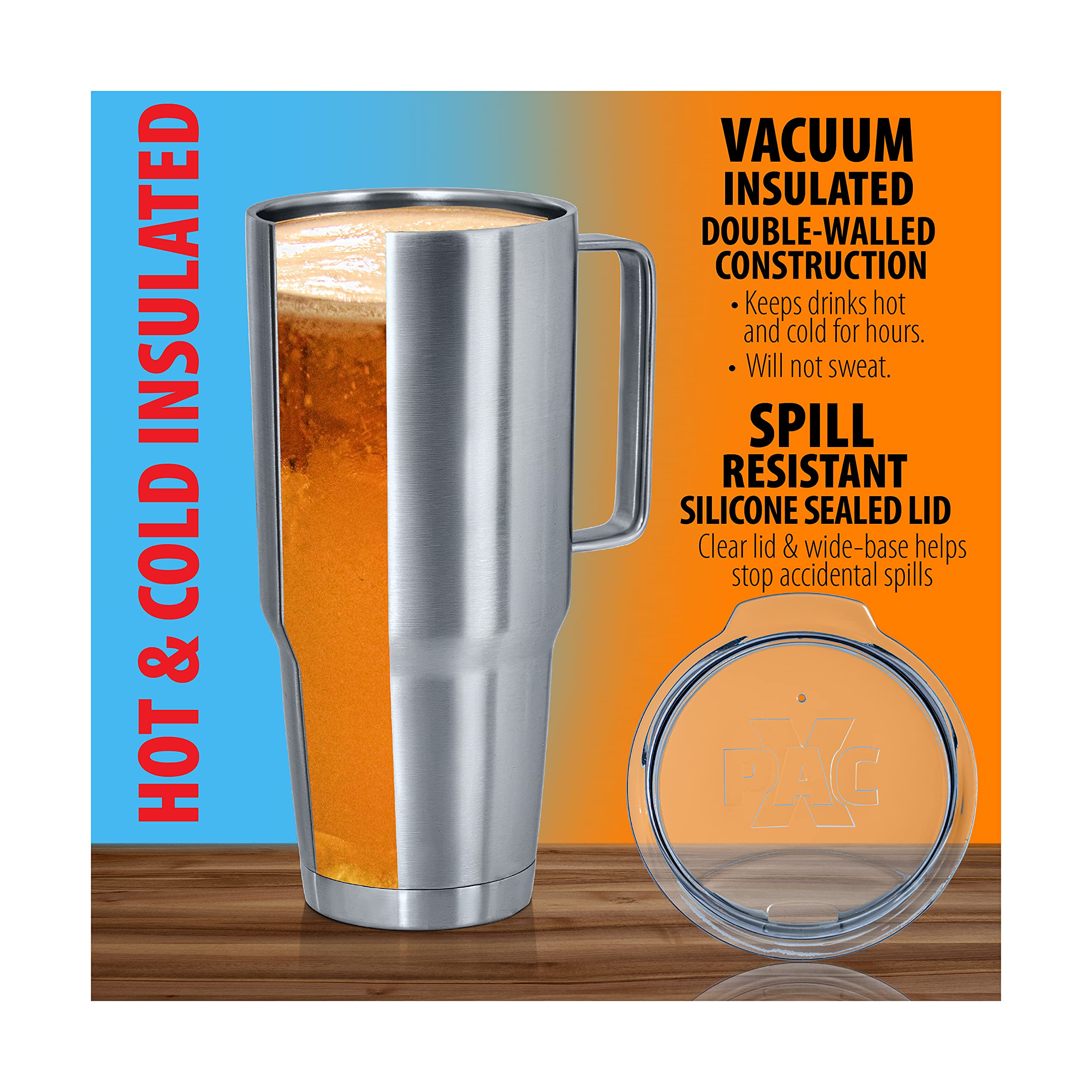 Xpac 44 Ounce Double Vacuum Wall Stainless Steel Tumbler With Lid, Stainless Steel With Handle And Metal Straw, Fits In A 3.5''