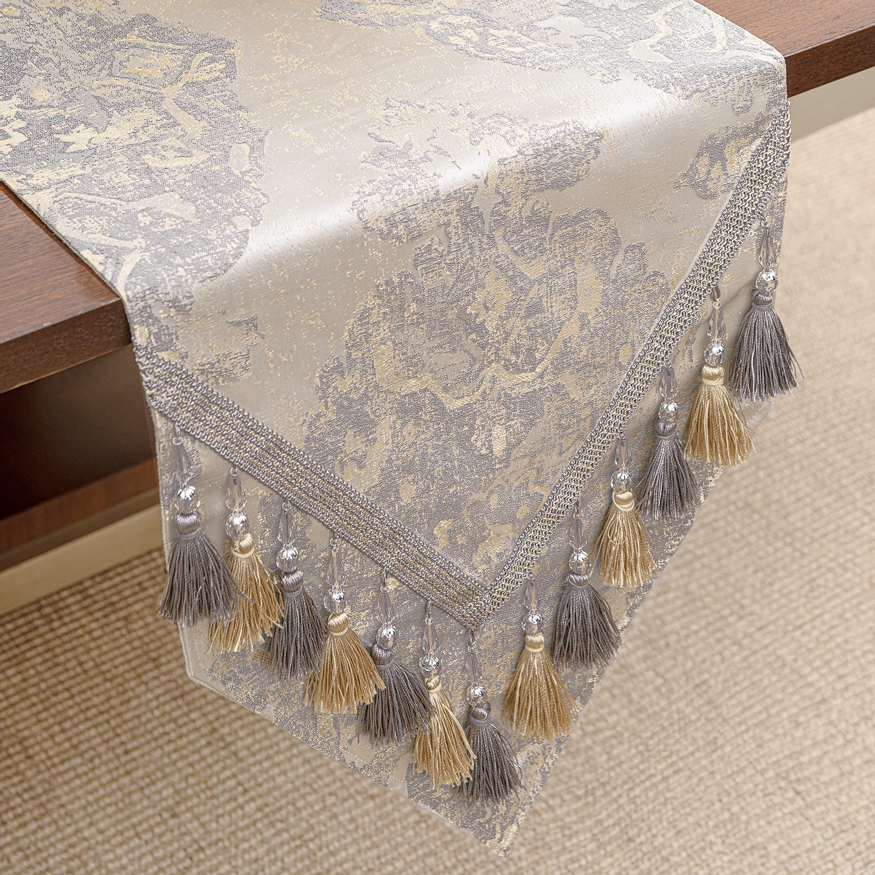 Loom And Mill Luxury Table Runner 108 Inches Long, Elegant Damask Jacquard Table Runners With Handmade Multi-Tassels For Dining