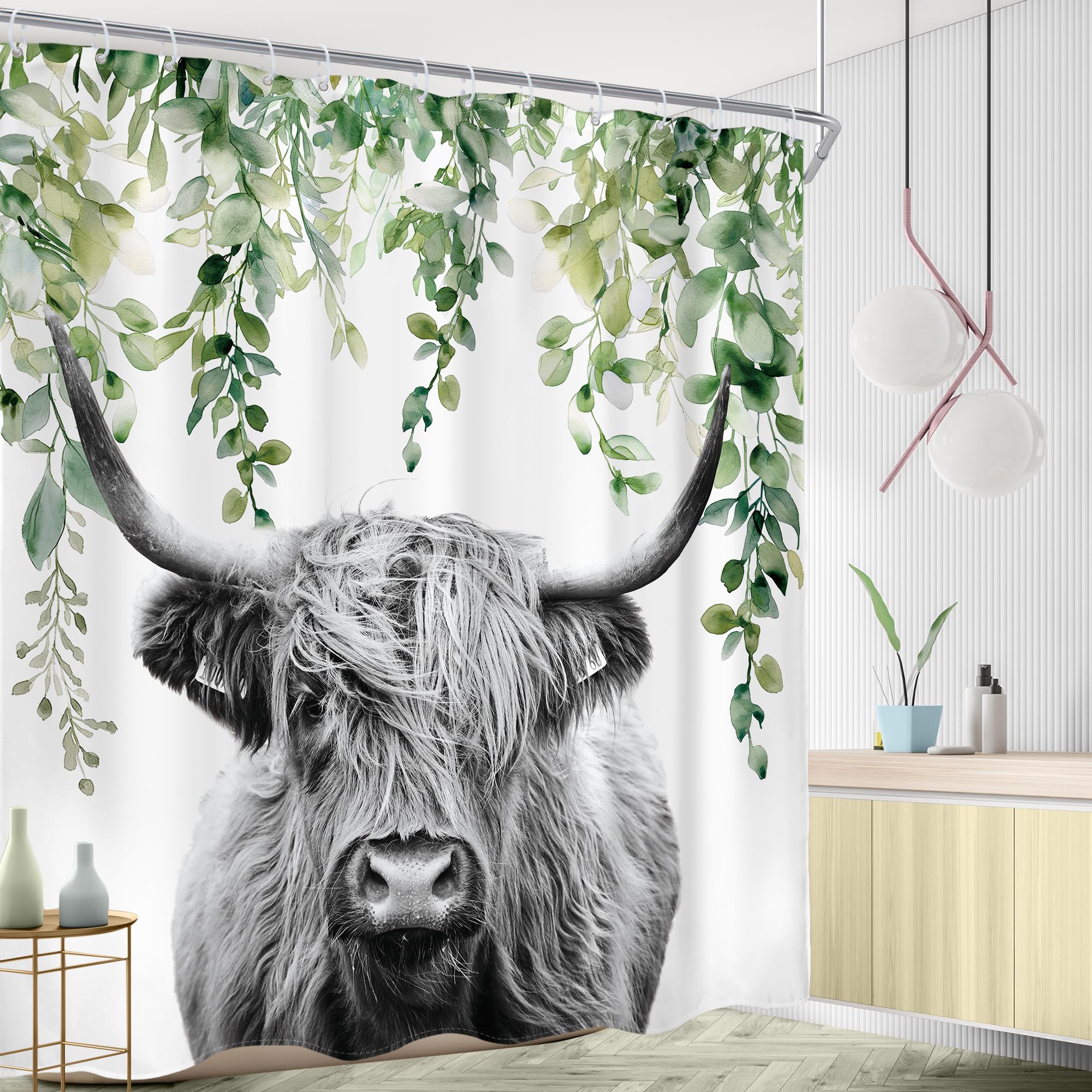 AMBZEK Highland Cow Shower Curtain 72Wx72L Inch Farmhouse Rustic Funny Bull Eucalyptus Leaves Plants Western Country Artwork Cloth Fabric Waterproof Polyester Bathroom Decor Set with 12 Pack Hooks