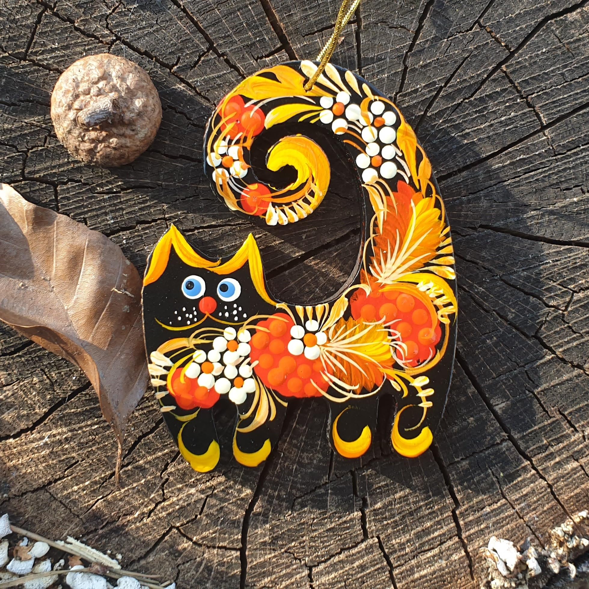 Cat Hanging Christmas tree Decoration Made of Wood Hand-painted on both sides,3,3 ? 2,8 ? 0,2 Inch | 7 ? 8,5 ? 0,5 cm Ukrainian