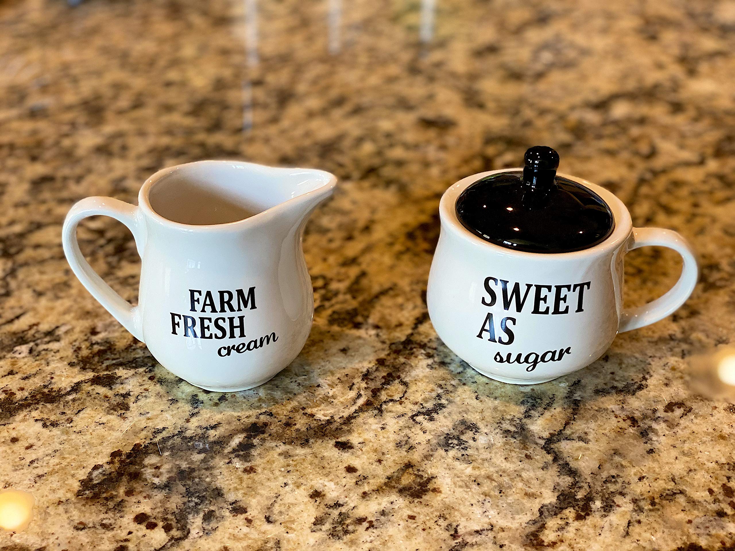 Set Sugar Bowl And Cream Server Holder Ceramic Black & White Farmhouse Table Kitchen Decor