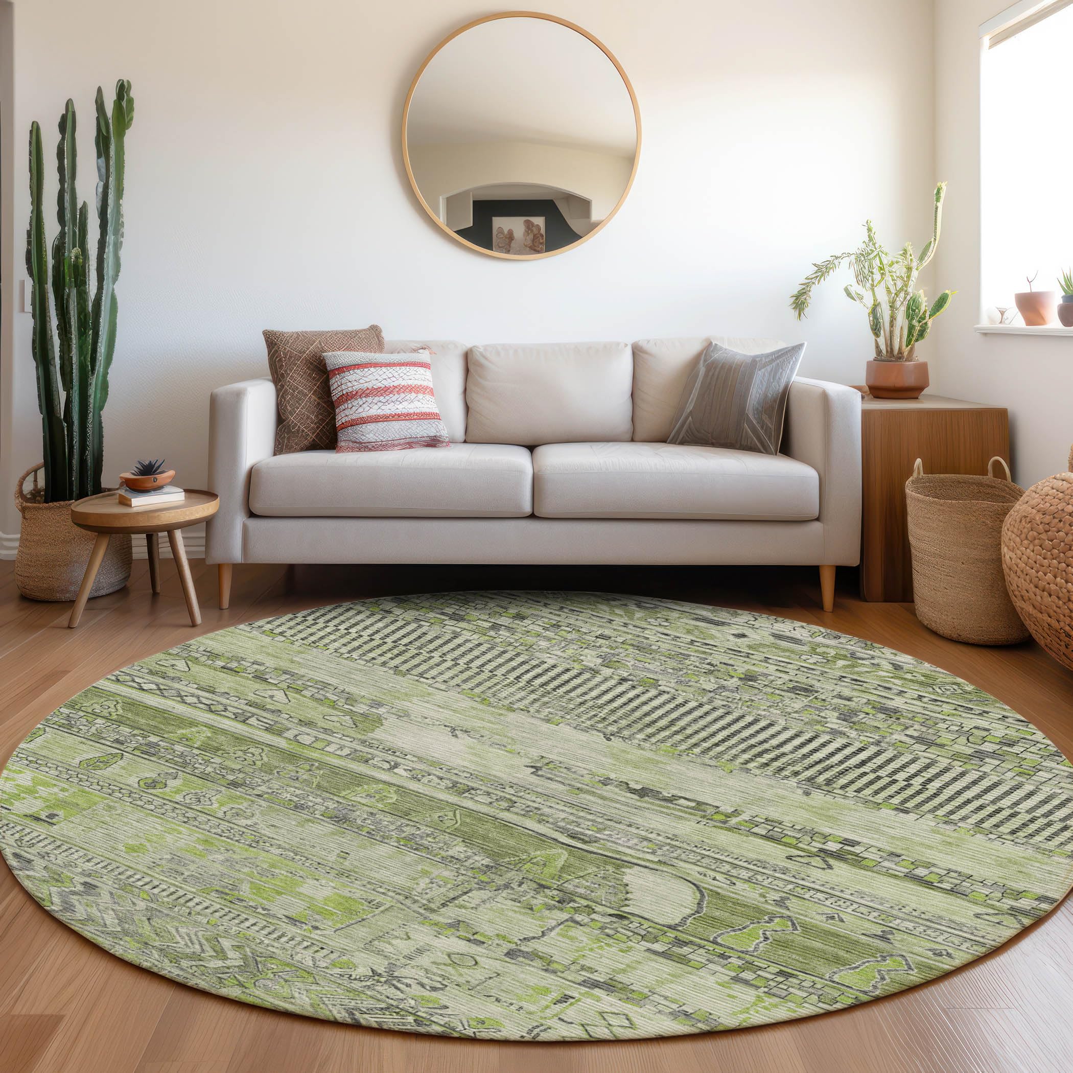 Machine Washable Indoor/Outdoor Chantille Olive 8 x 8 Round Rug