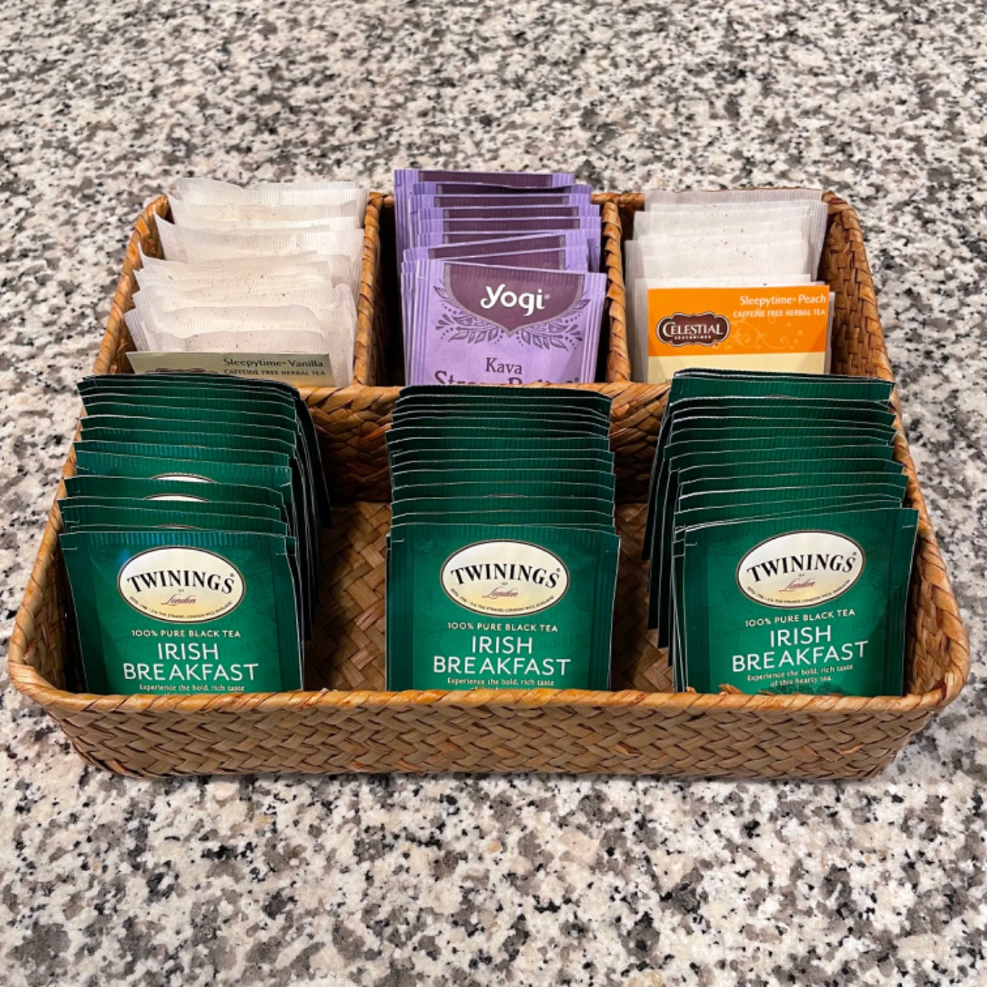 YANGQIHOME Tea Bag/Sugar Packet Holder  Coffee Station Condiment Organizer  Seagrass Storage Basket  Wicker Rattan Divided Basket Organizer for Drawer/Shelf/Countertop