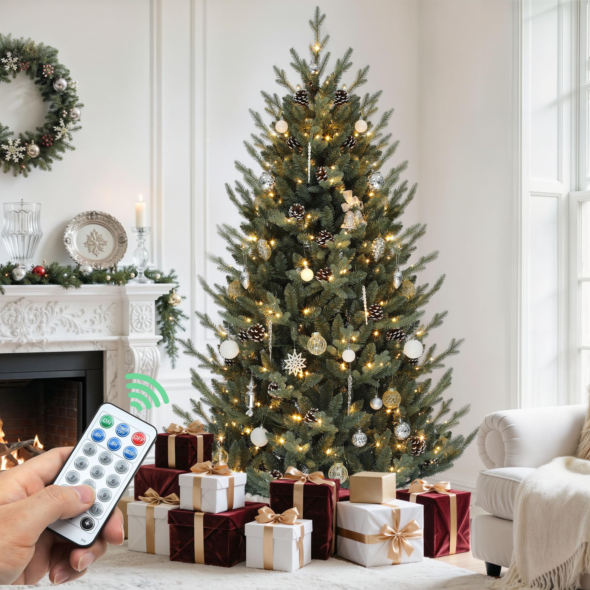 YITAHOME 6FT Prelit Blue Christmas Tree with Remote, Pre-Decorated Artificial Hinged Hillside Spruce Holiday Xmas Tree with 35 P