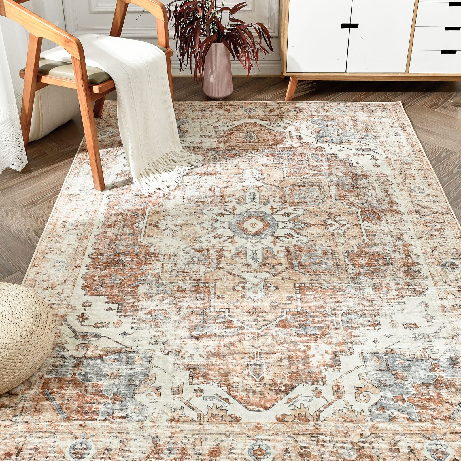 jinchan Area Rug 5x7 Washable Rug Vintage Rug Indoor Floor Cover Print Distressed Carpet Brick Red Multi Thin Rug Chenille Mat F