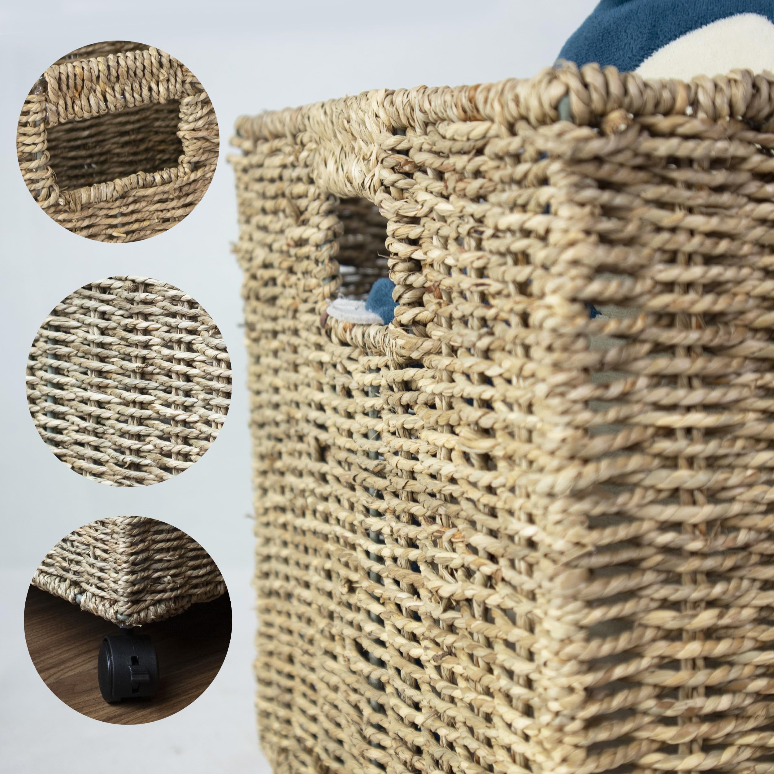 Pemar Set 2 (Different Sizes Nesting In A Set) Natural Wicker Rolling Storage Baskets On Wheels W Insert Handle, Under Table Und