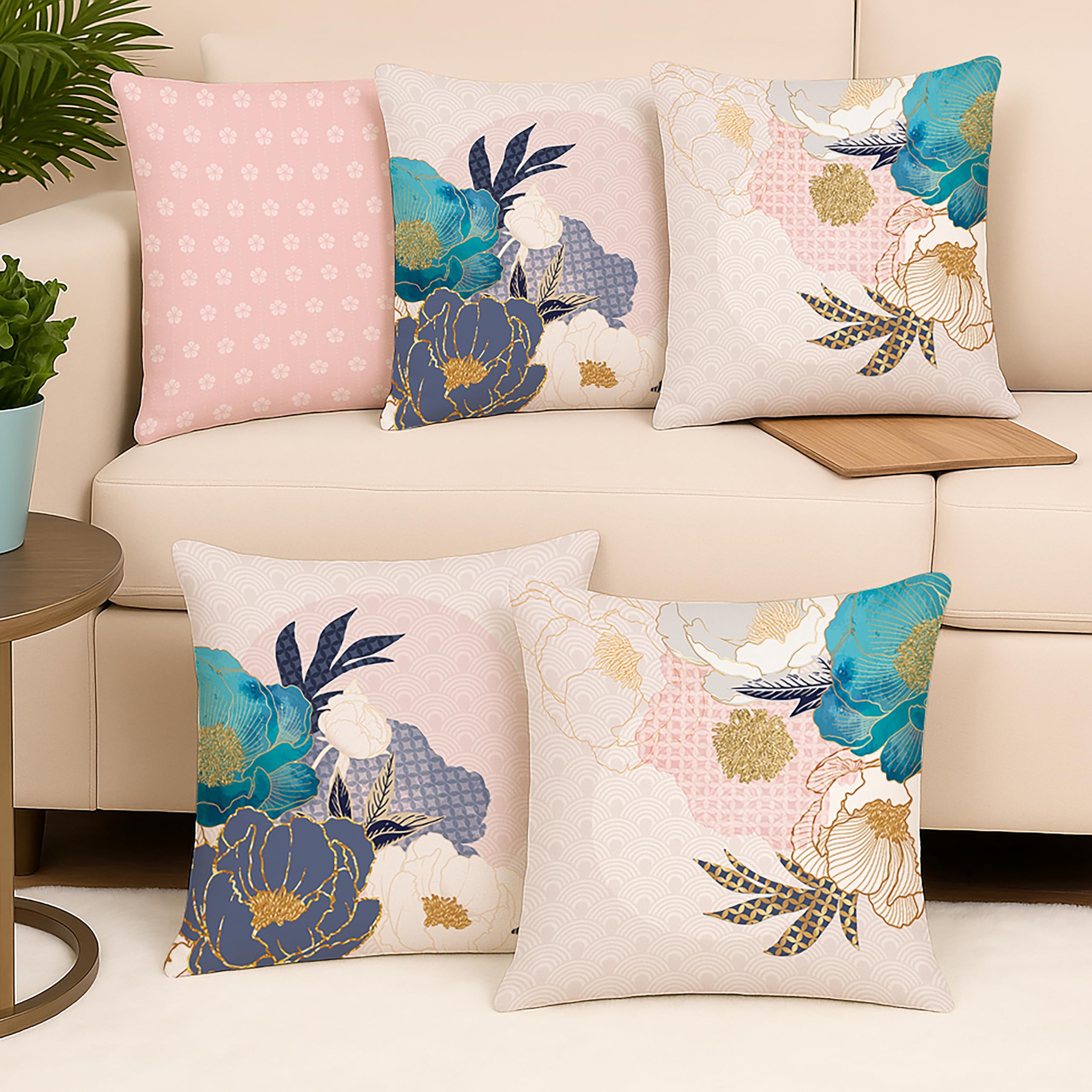 Amazon Brand - Umi Bohemian Leaf Printed Polycotton Cushion Cover, Set Of 5 (16 X 16 Inches / 40 X 40 Cm)