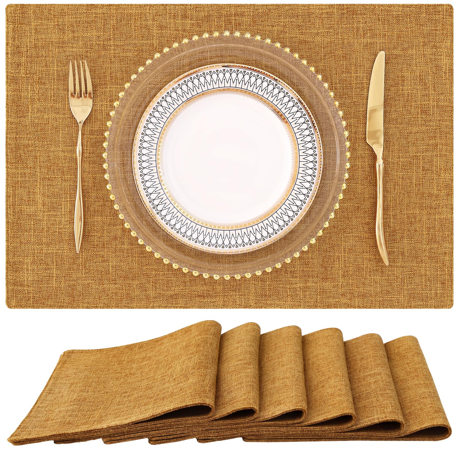 Homing Amber Cloth Placemats Set Of 6 - Cotton Linen Blend Washable Farmhouse Dining Table Mats For Fall & Thanksgiving, Easy To