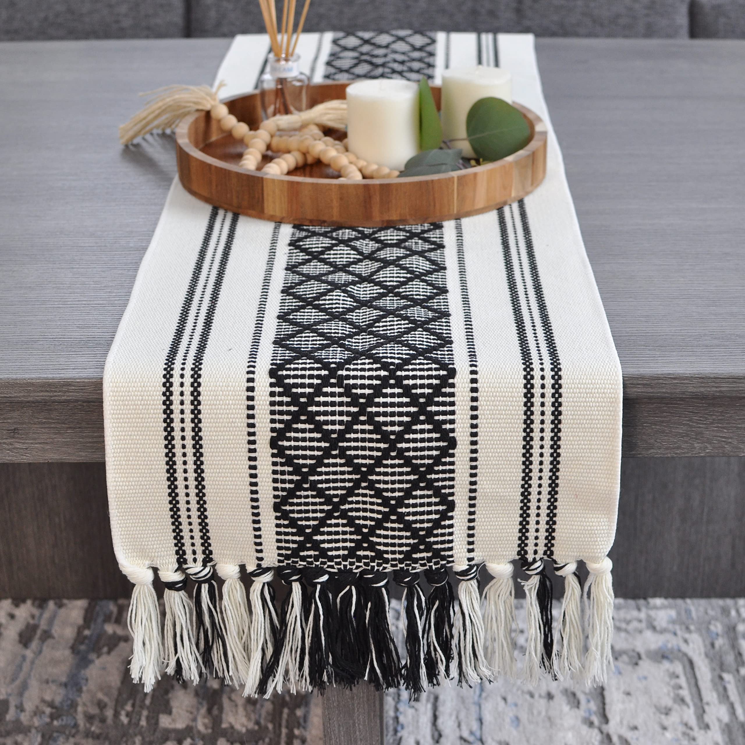 Oveesha Boho Short Coffee Table Runner With Tassels 14 X 48 Inches, Black & Cream/Woven Washable Dresser Scarf And Topper For Be