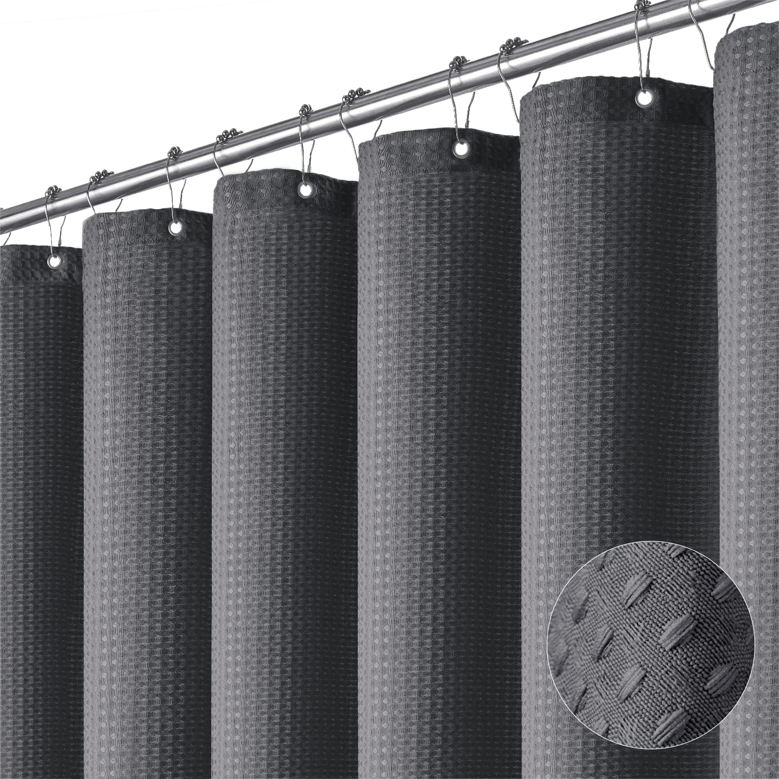 Dynamene Charcoal Grey Fabric Shower Curtain - Waffle Weave Textured Heavy Duty Cloth Shower Curtains For Bathroom, 256Gsm Hotel