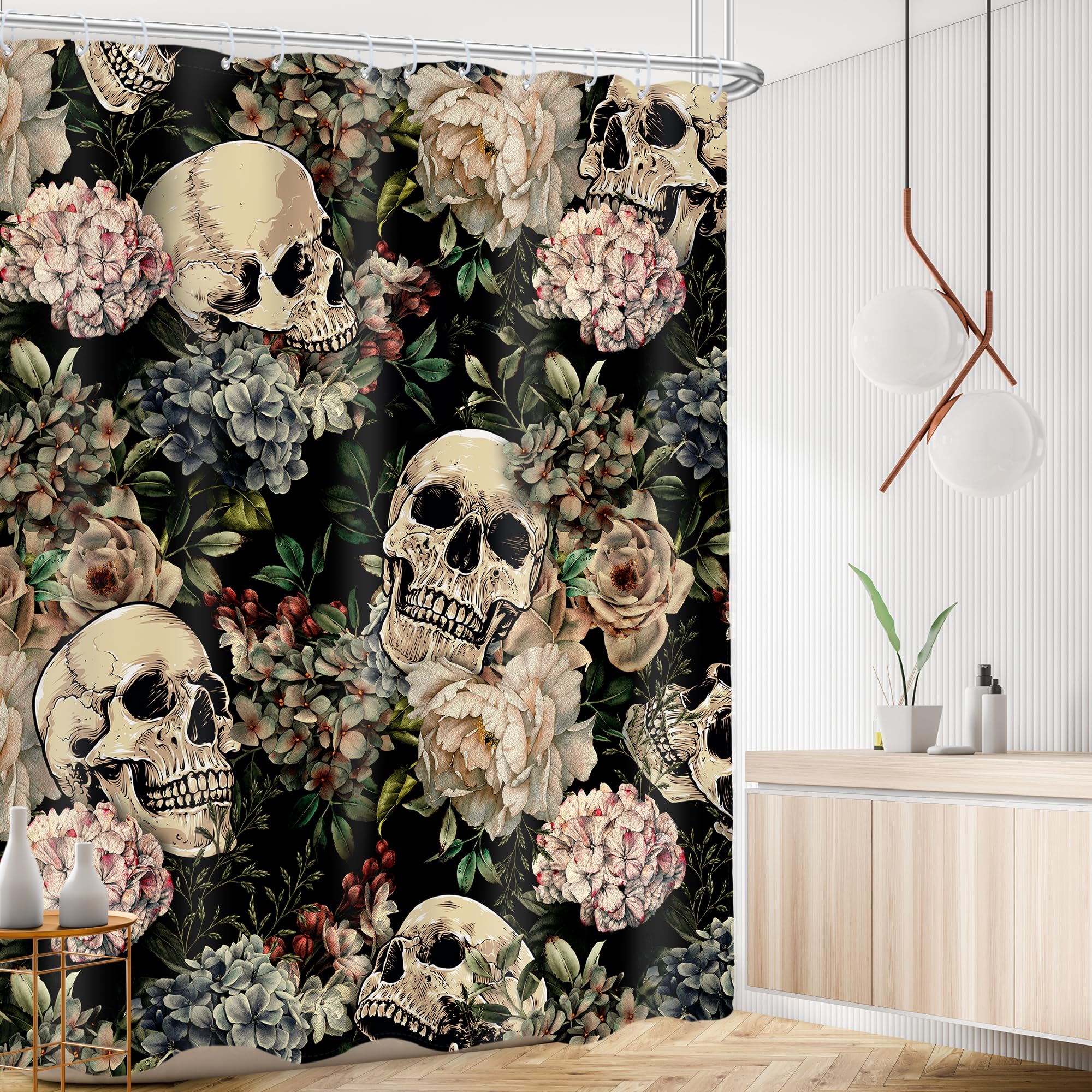 Ambzek Sugar Skull Shower Curtain 60Wx72L Inch Retro Floral Leaves Gothic Halloween Spooky Skeleton Plant Goth Vintage Artwork C