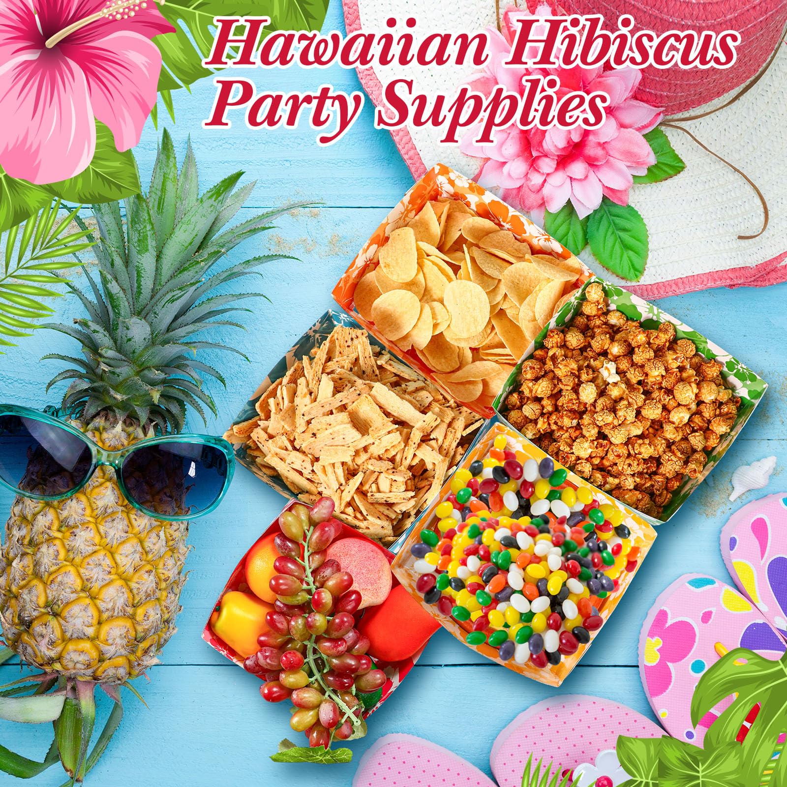 Nitial 48 Pcs Hibiscus Party Paper Food Trays Disposable Luau Party Food Boats Hawaiian Themed Party Decorations 5 Lb Hawaiian F