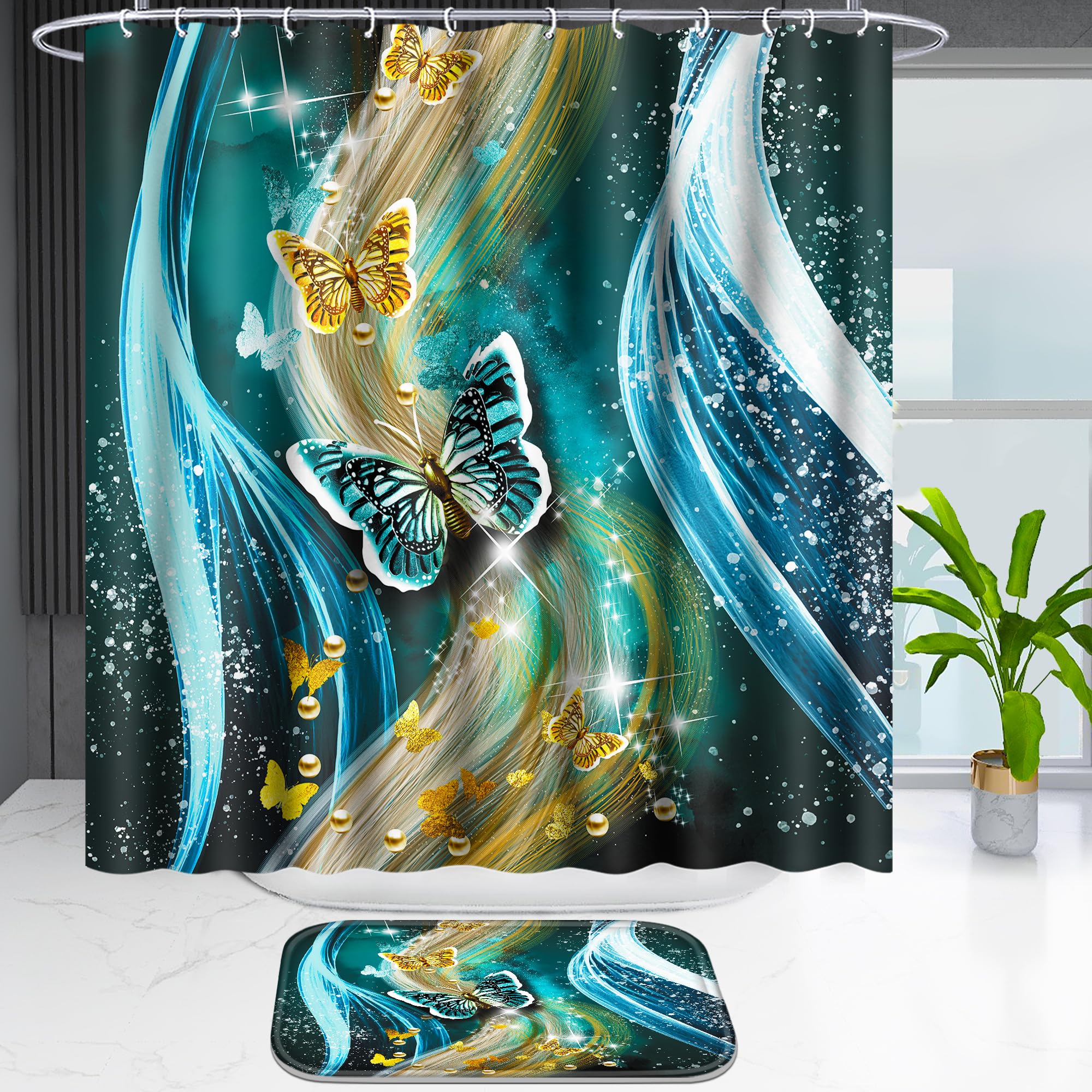 Poedist 4 Pcs Bathroom Shower Curtain Set,Blue Light Butterfly Bathroom Sets With Rugs(Bath Mat,U Shape And Toilet Lid Cover Mat
