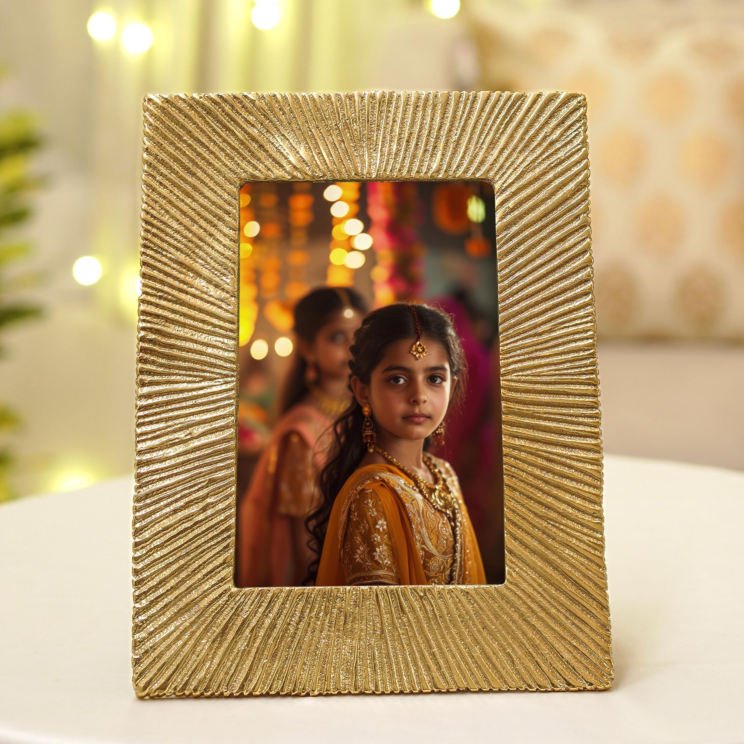 Behoma Antique Golden Metal Rectangular Photo Frame With Sunburst Design,Decorative Frames For Wall,Table,Living Room,Bedroom & 