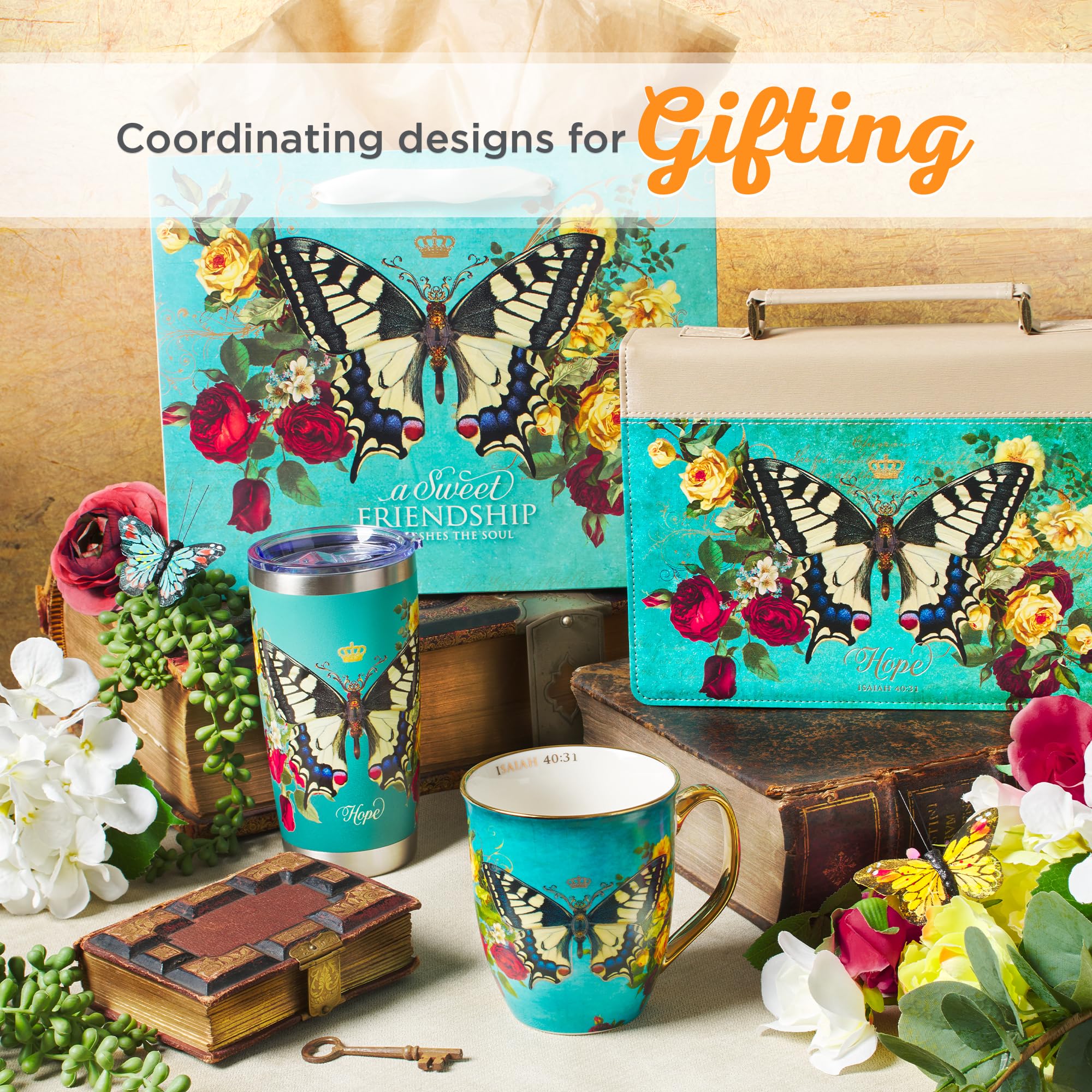 Christian Art Gifts Stainless Steel Double Wall Vacuum Insulated Tumbler 18 Oz Butterfly Teal Bpa-Free Travel Mug With Retractab