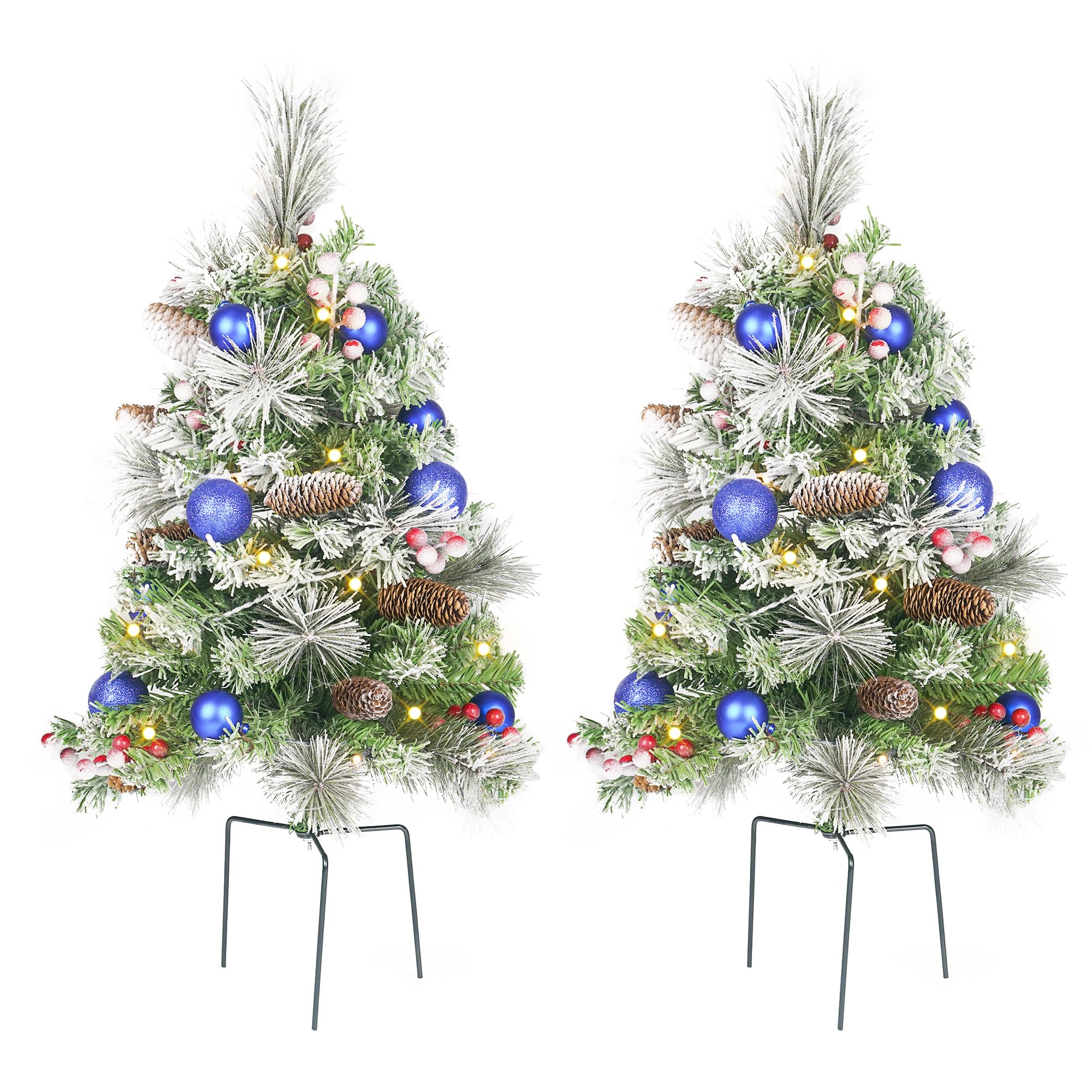 Flocked Christmas Tree 30 inch Prelit 2 Set Pathway Porch Christmas Trees Pre-Light LED Battery Operated Outdoor Xmas Decor for 
