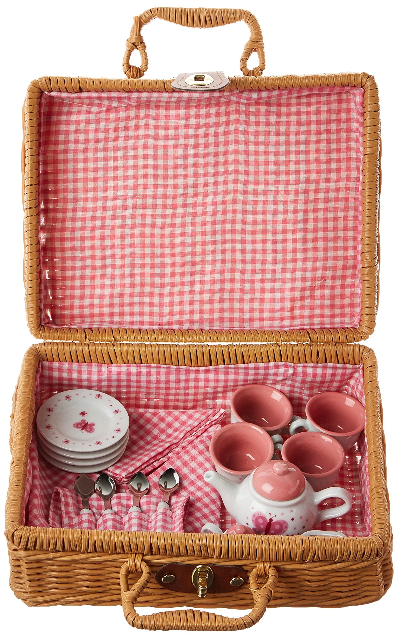 Schylling Butterfly Tea Set Basket - 23 Piece Miniature Porcelain Set With Picnic Basket - Includes Service For Four - Ages 8 An