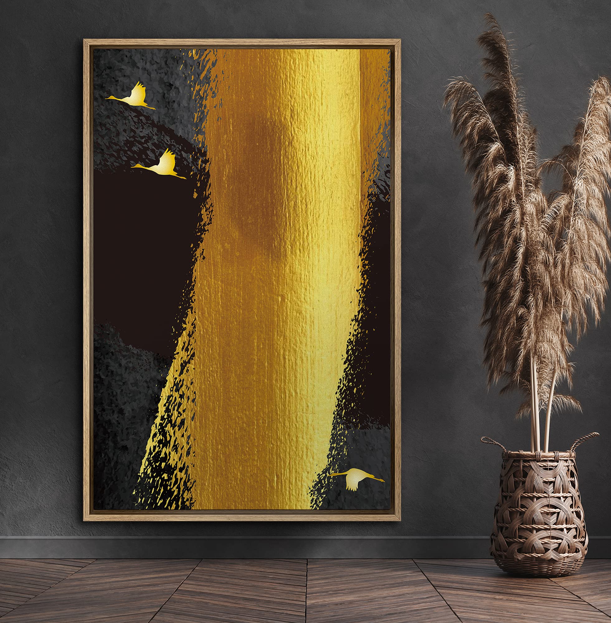 Signford Canvas Print Wall Art Gold Foil Paint Stroke With Geese Abstract Shapes Illustrations Modern Art Alternative Colorful D