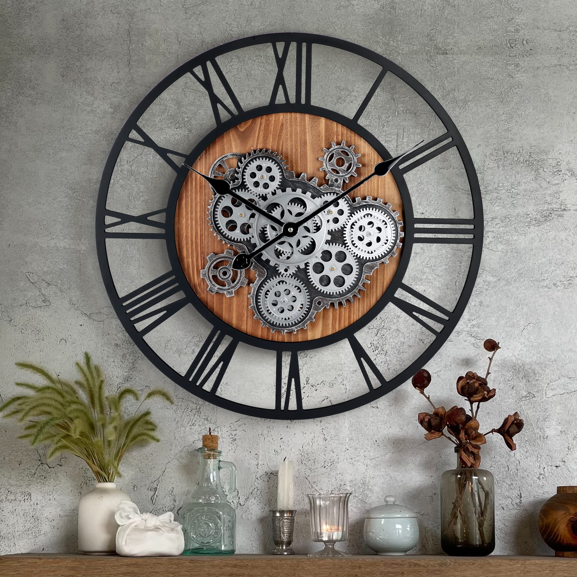 Lafocuse 23 Inch Wall Clock With Moving Gears Roman Numeral Wooden Large Moving Gears Wall Clock, Oversize Industrial Farmhouse