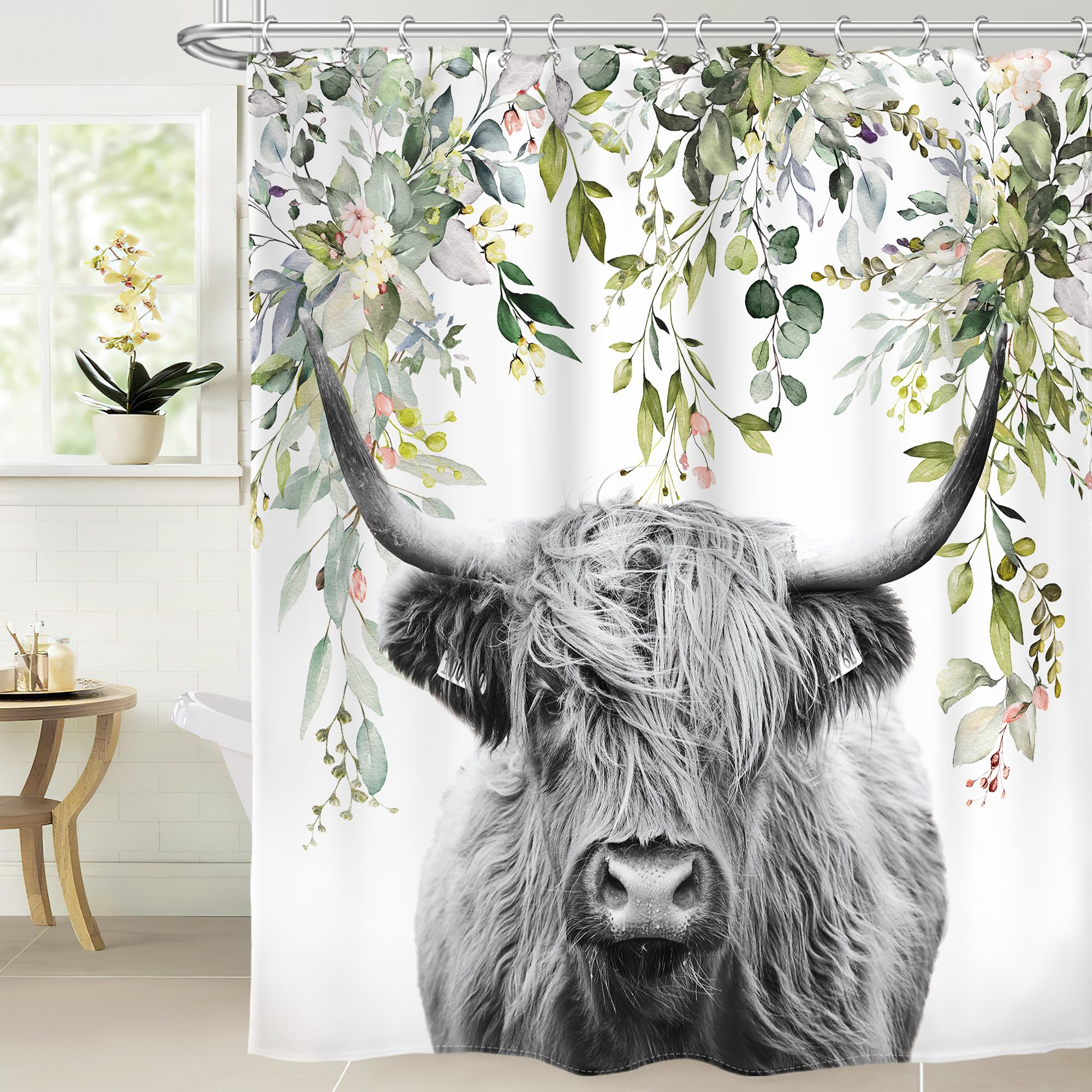 Ambzek Highland Cow Shower Curtain 72Wx72L Inch Farmhouse Rustic Funny Bull Eucalyptus Leaves Plants Western Country Artwork Clo