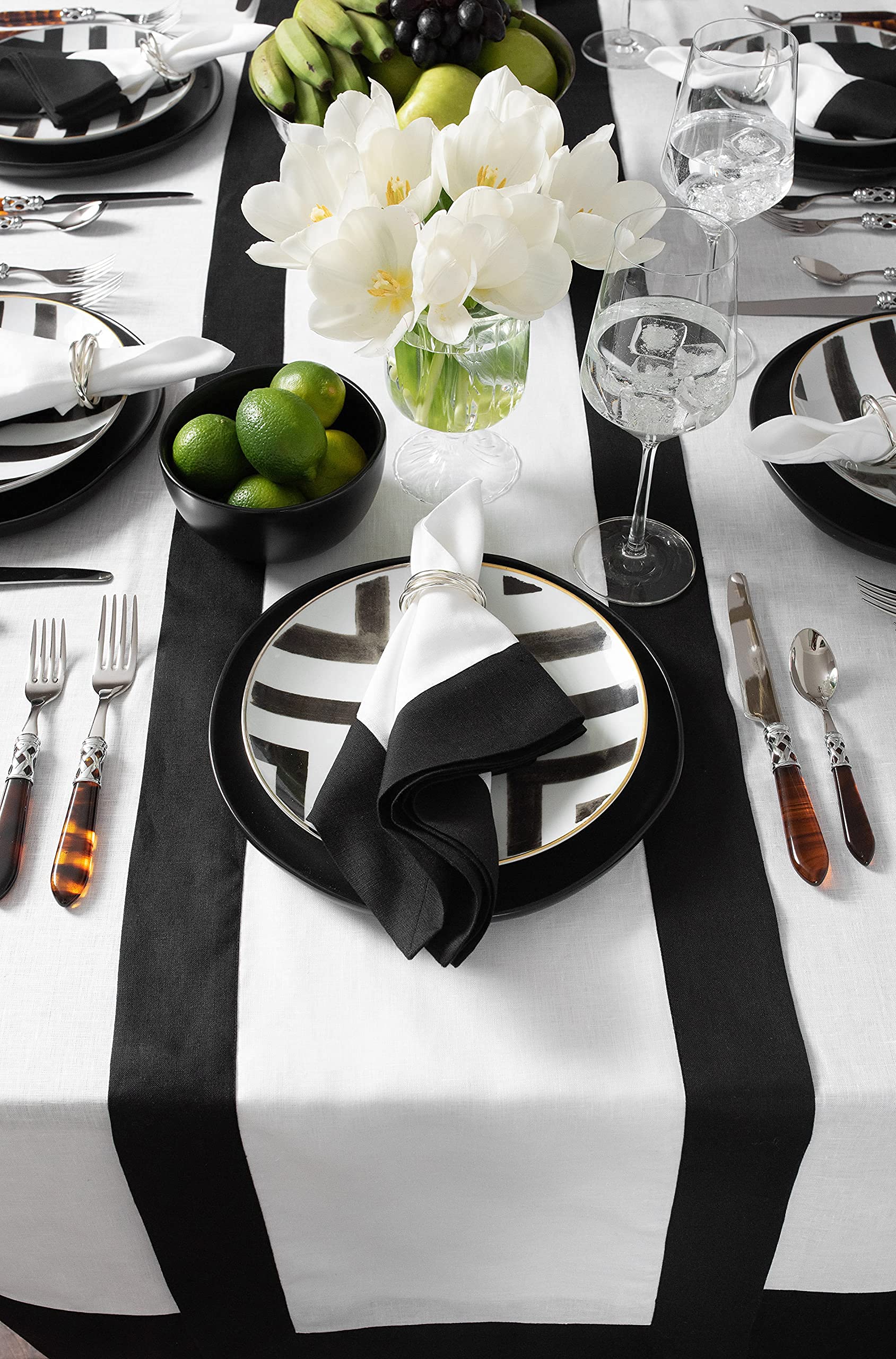 Solino Home Linen Table Runner 14 x 48 Inch - 100% Pure Linen Black and White Table Runner for Spring  Summer  Dining  Party - Contempo  Handcrafted from European Flax and Machine Washable