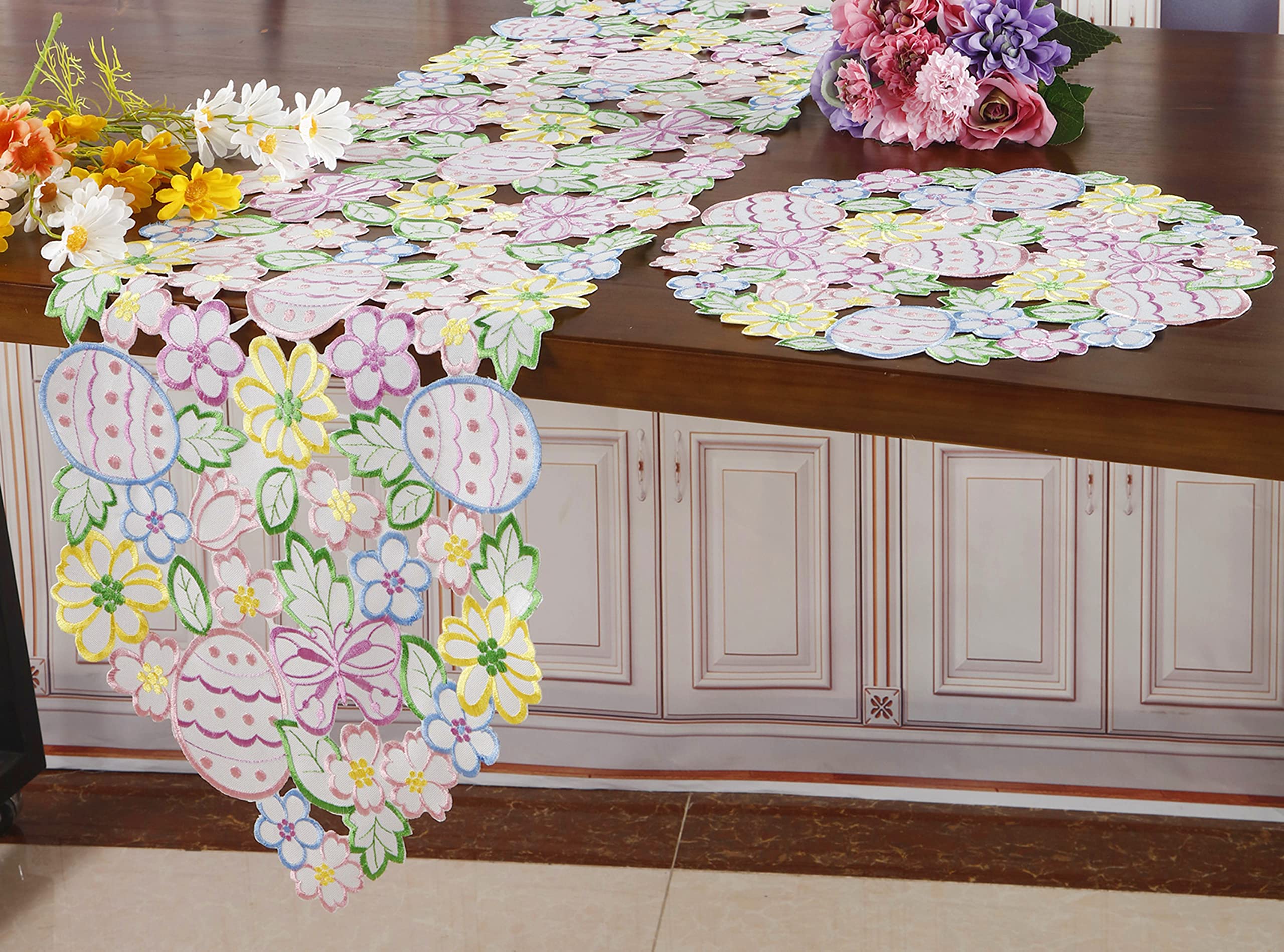 Easter Spring Table Runner 13''  68'' Cutwork Embroidered Eggs Flowery Floral Eggs Dresser Scarf For Home Kitchen Dining Spring