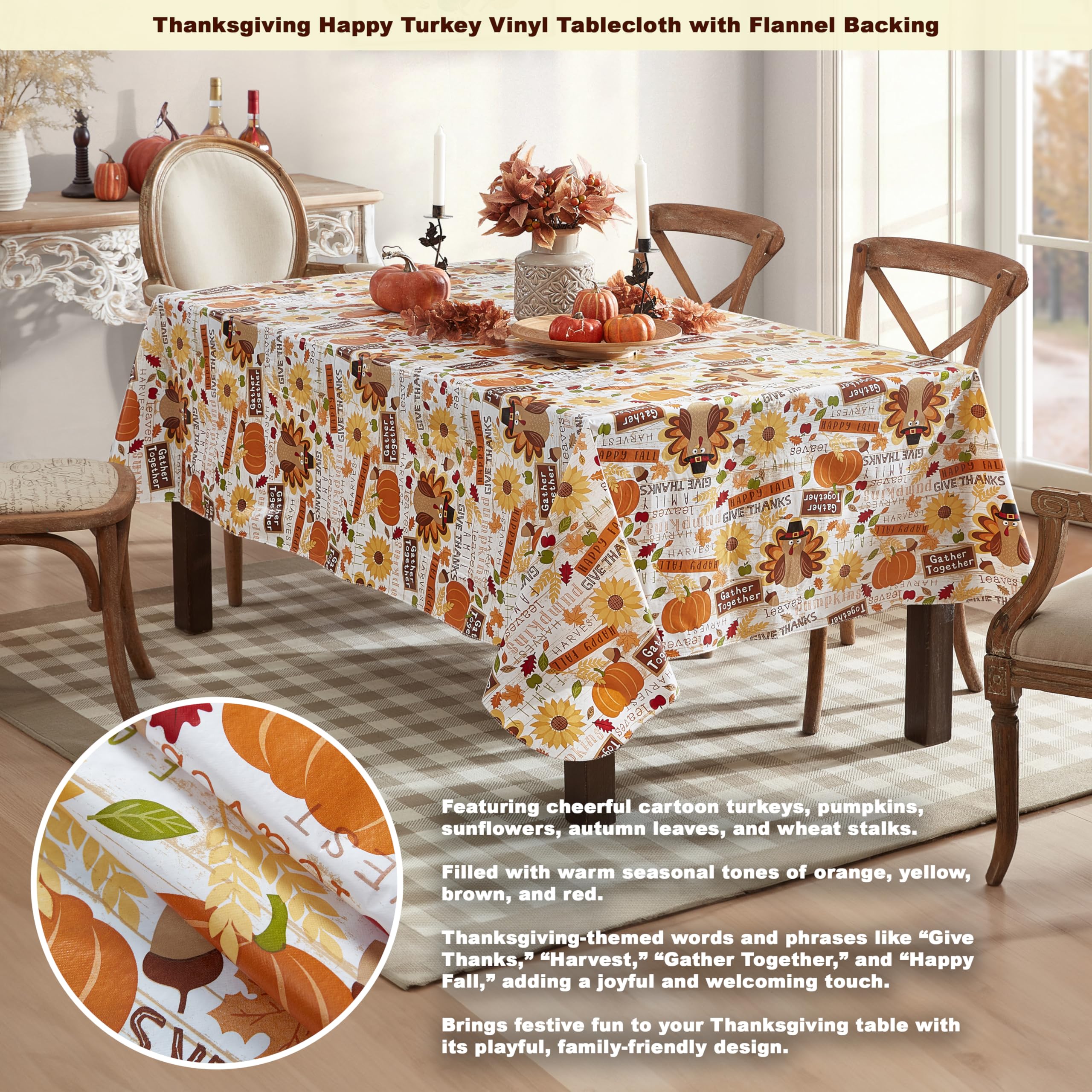 Newbridge Happy Thanksgiving Turkey Vinyl Tablecloth with Flannel Backing, 52 x 52 Inch Square - Whimsical Fall Harvest Kitchen