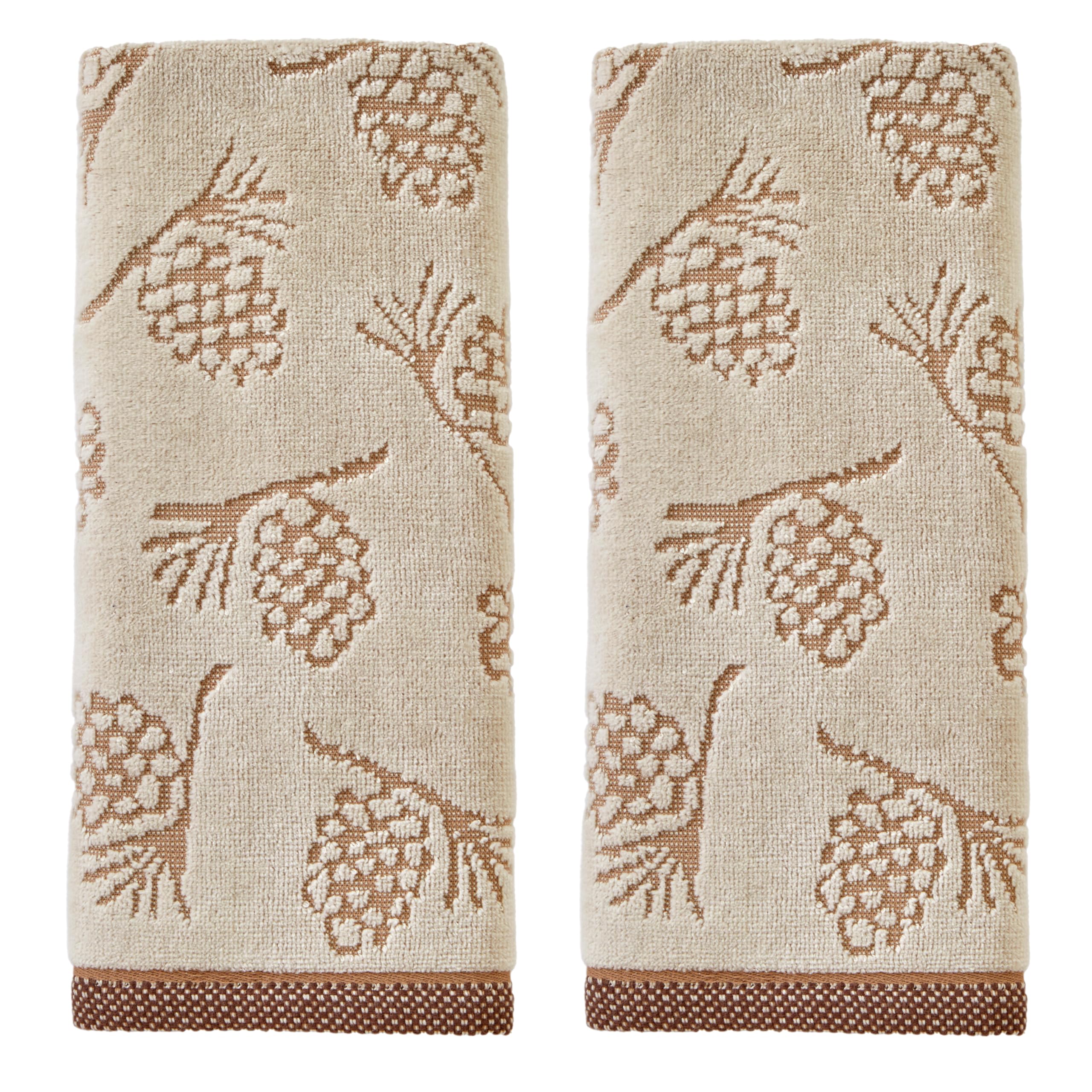 Skl Home Fall/Winter/Christmas Pinecone Jacquard Hand Towel 2Pc Set For Bath/Kitchen/Bar & Gift, Wheat