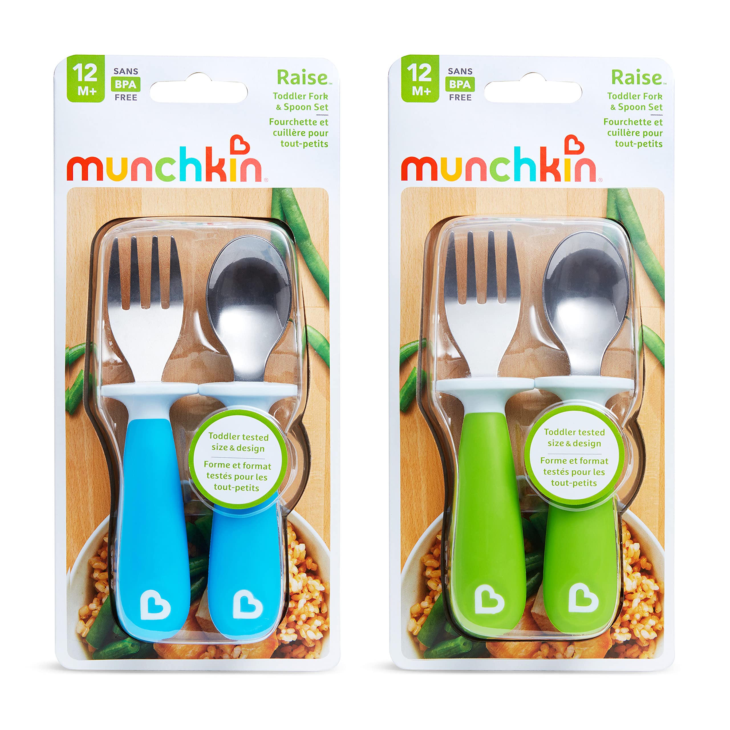 Munchkin Raise Toddler Plastic Fork and Spoon Utensil Set, 4 Pack, Blue/Green