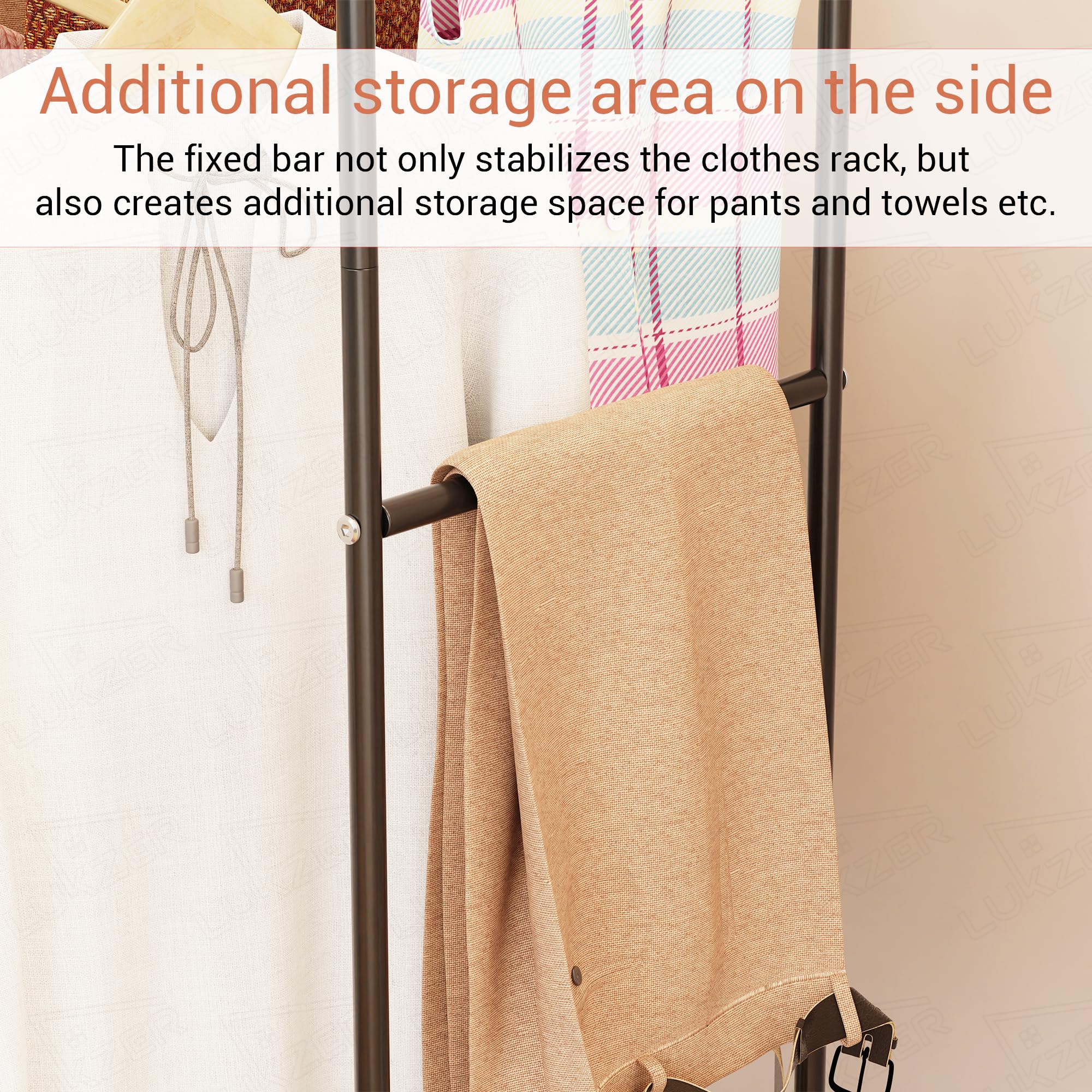 Lukzer Multi-Functional Cloth Stand With Wheels & Bottom Shelves  Metal Rack For Hanging Clothes, Coats, And Hats  Diy Storage S